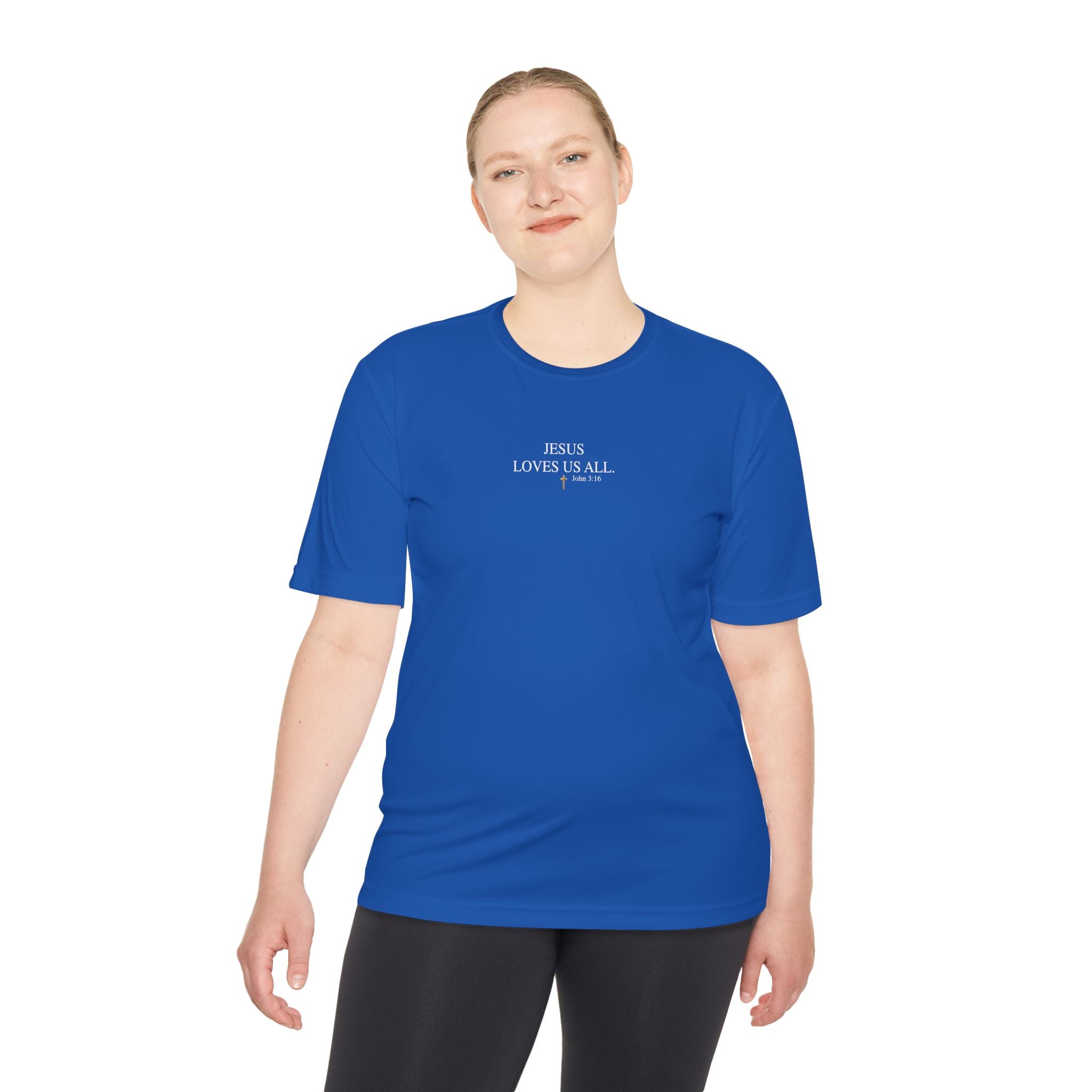 Jesus Loves Us All. — John 3:16 — Unisex Athletic Warm-Up Shirt (White Logo)