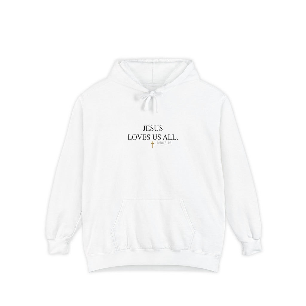 Jesus Loves Us All Hoodie - John 3:16 (Black Logo)