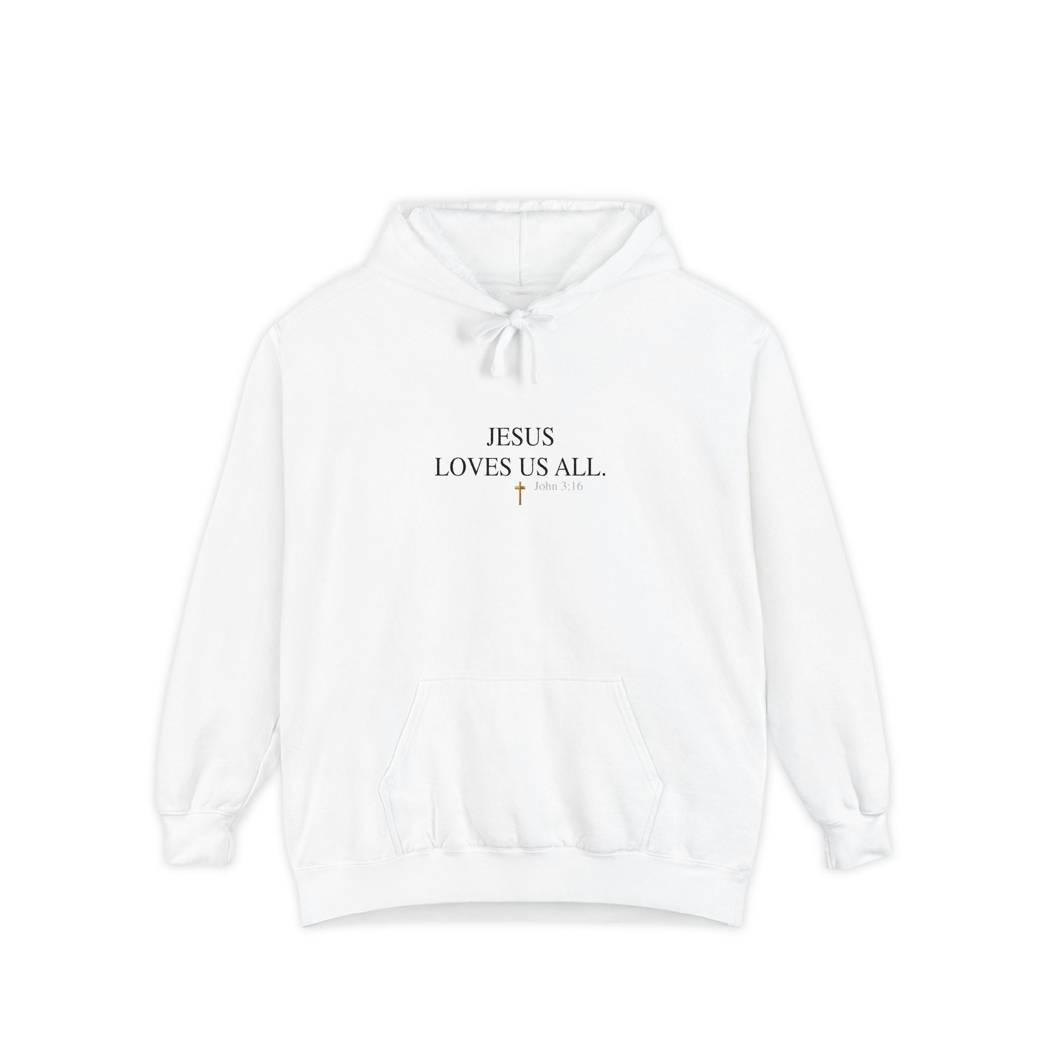 Jesus Loves Us All Hoodie - John 3:16 (Black Logo)