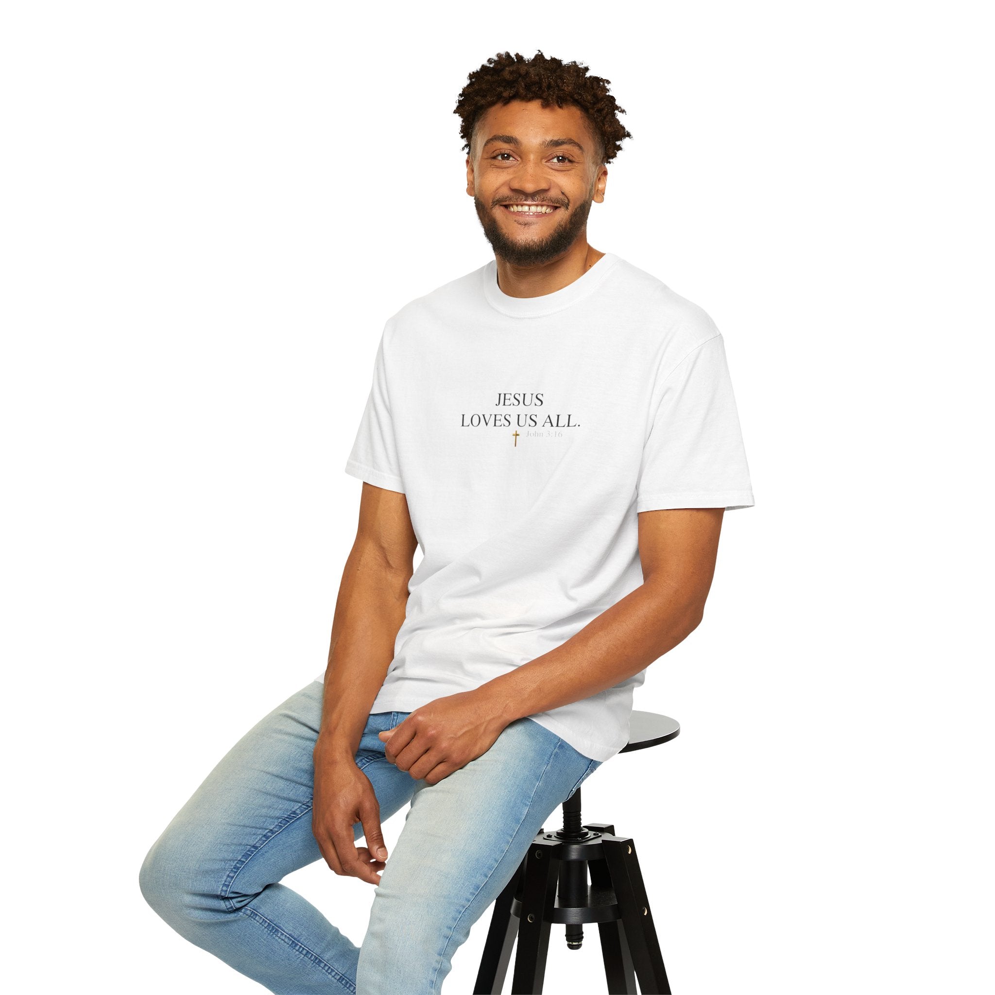 Jesus Loves Us All T-Shirt — John 3:16  (Black Logo)