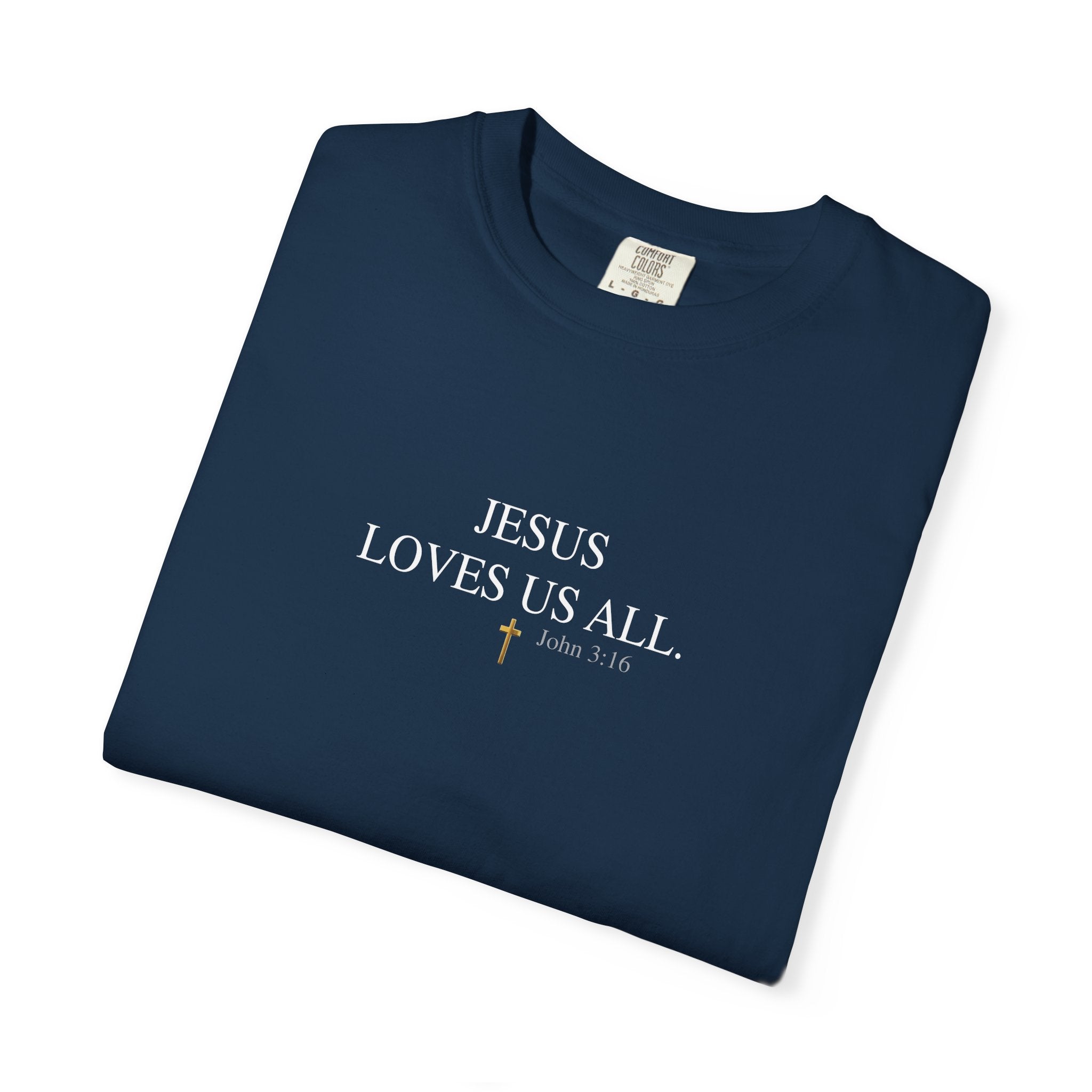 Jesus Loves Us All T-Shirt — John 3:16  (White Logo)