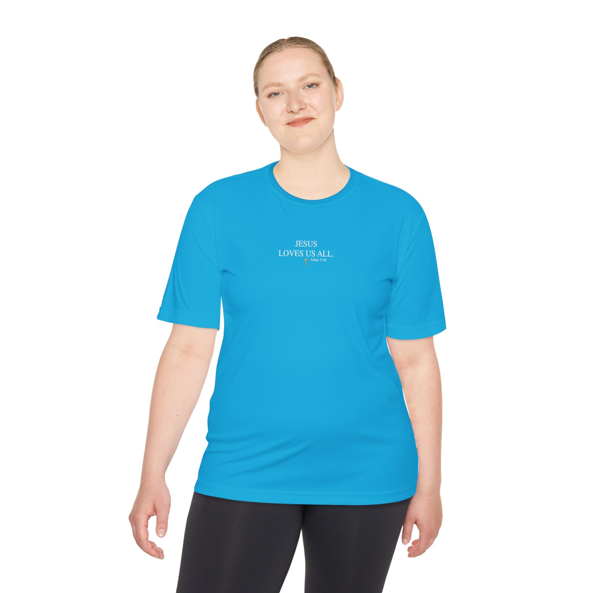 Jesus Loves Us All. — John 3:16 — Unisex Athletic Warm-Up Shirt (White Logo)