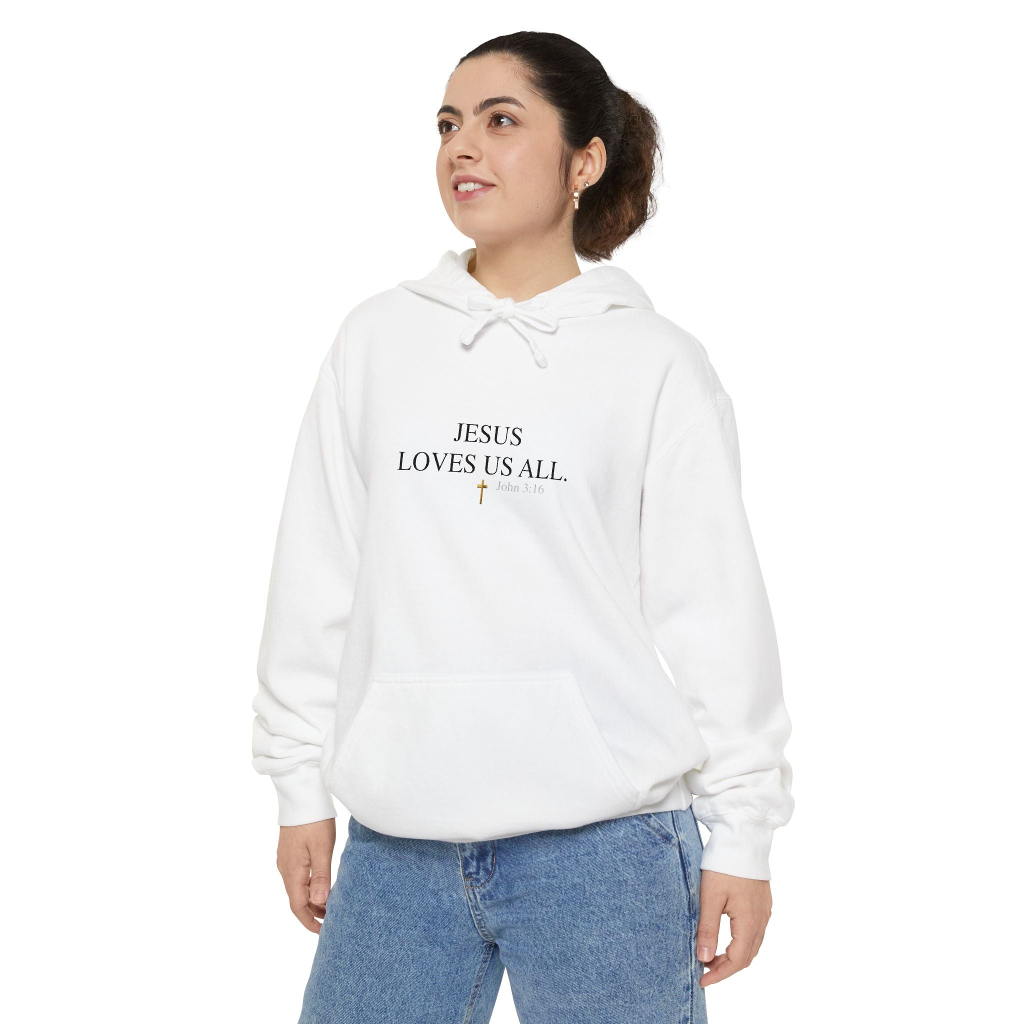 Jesus Loves Us All Hoodie - John 3:16 (Black Logo)