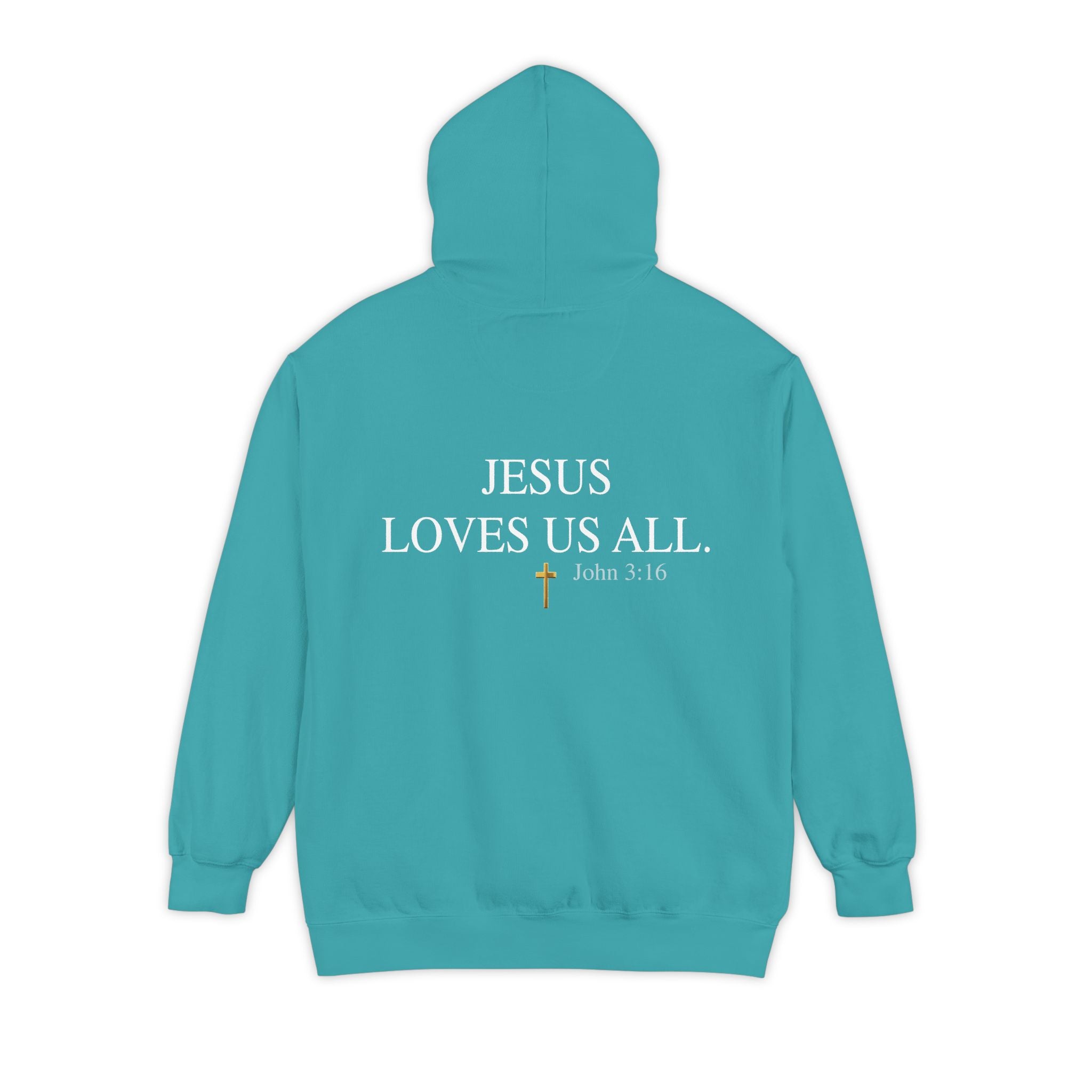 Jesus Loves Us All Hoodie - John 3:16 (White Logo)