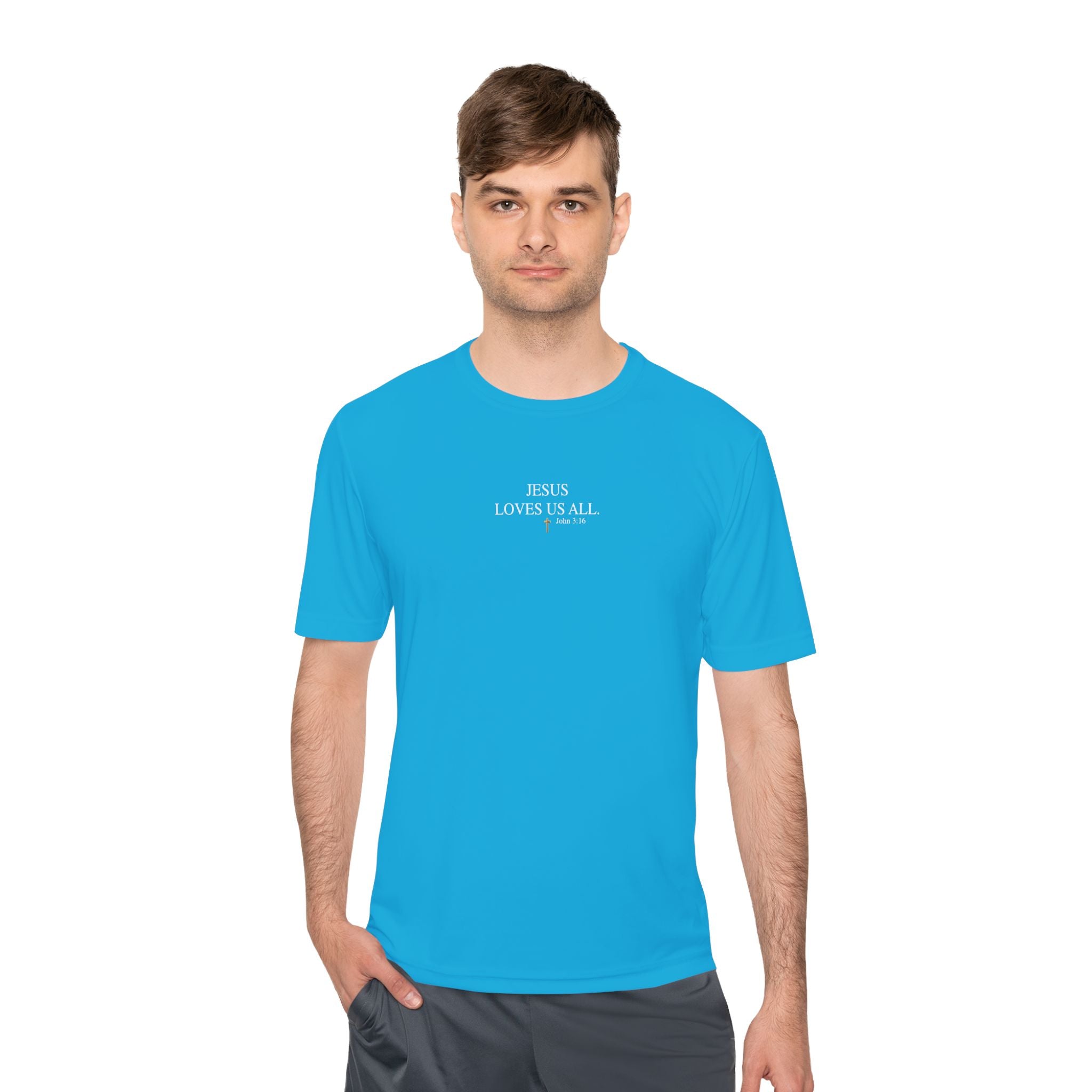 Jesus Loves Us All. — John 3:16 — Unisex Athletic Warm-Up Shirt (White Logo)