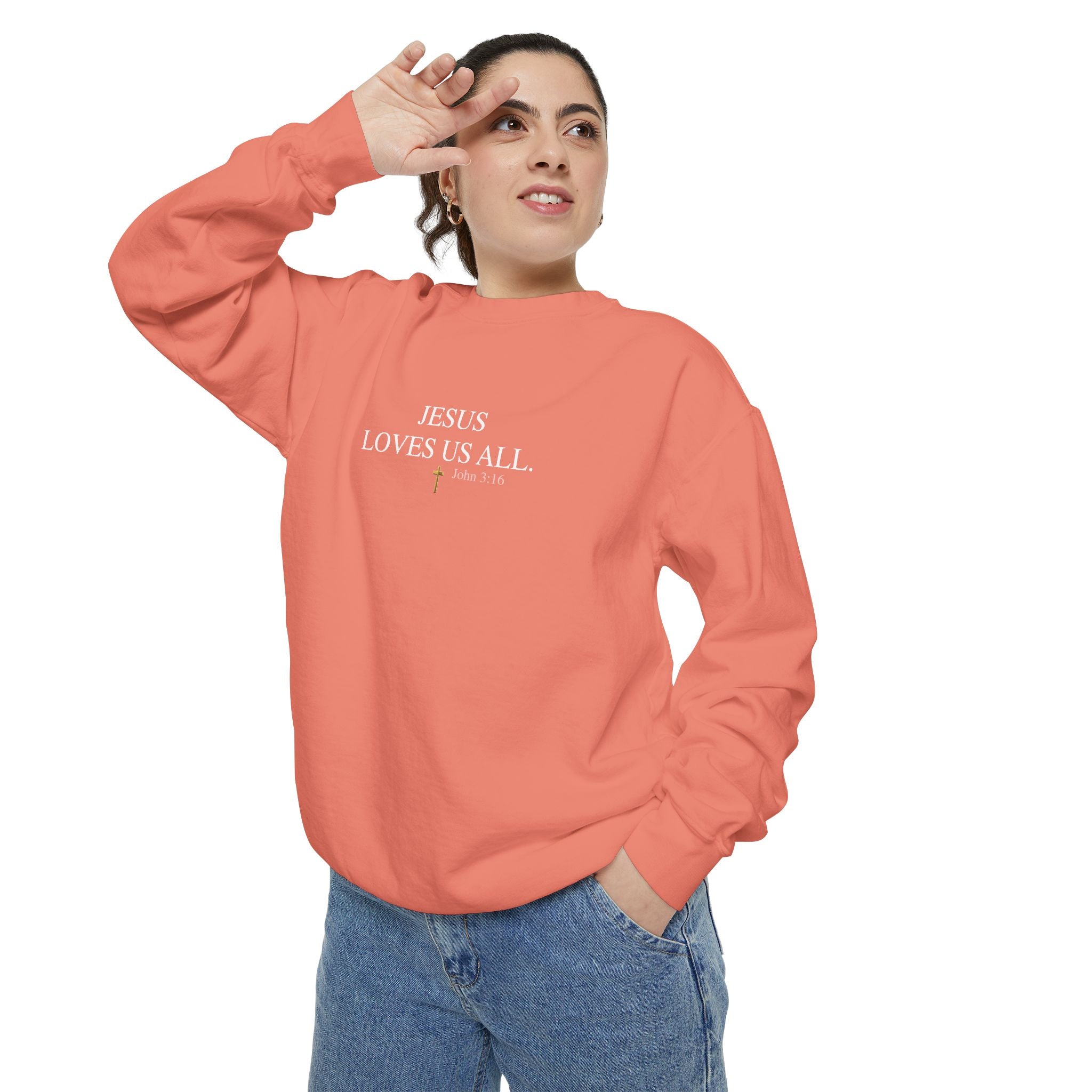 Jesus Loves Us All Sweatshirt – John 3:16 (White Logo)