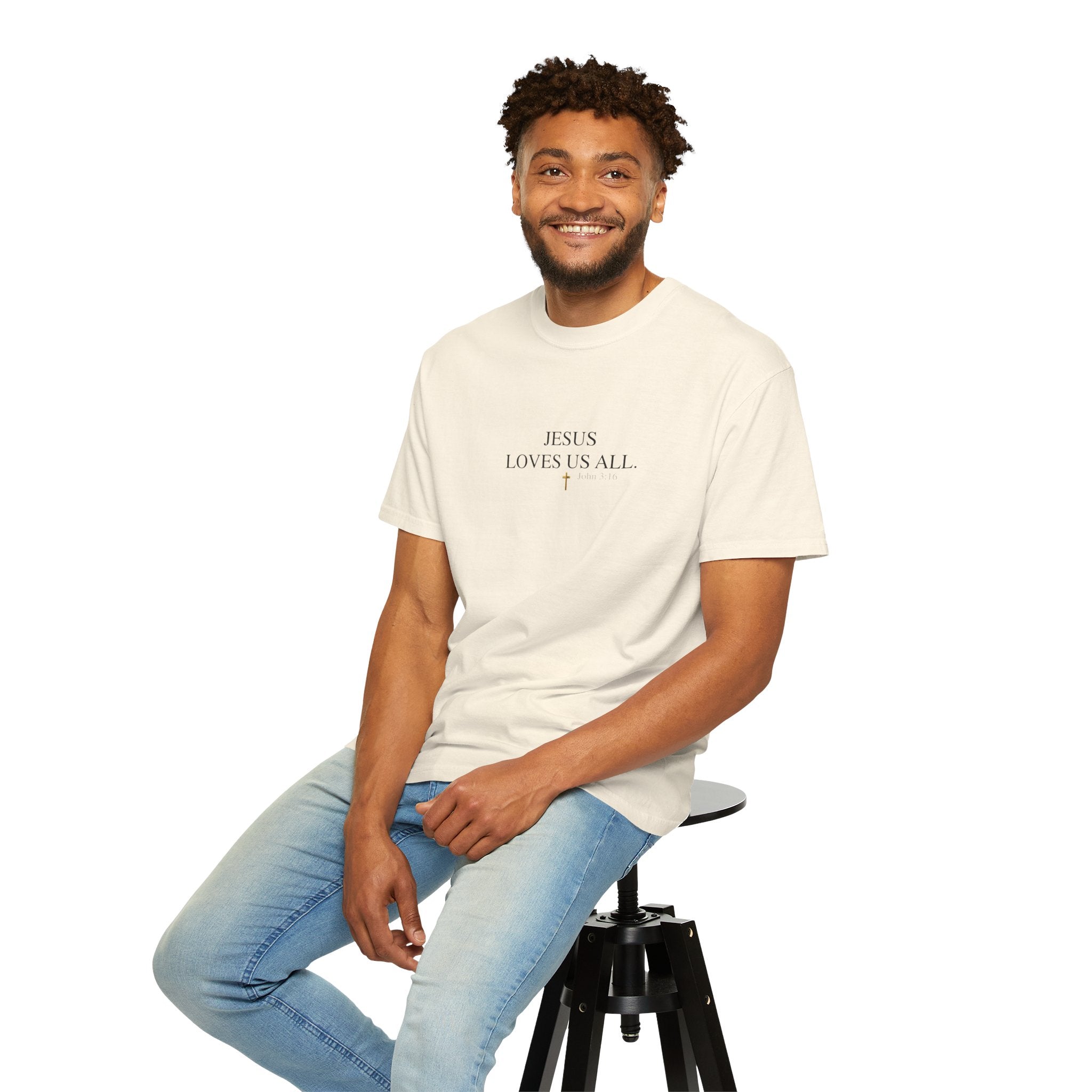 Jesus Loves Us All T-Shirt — John 3:16  (Black Logo)