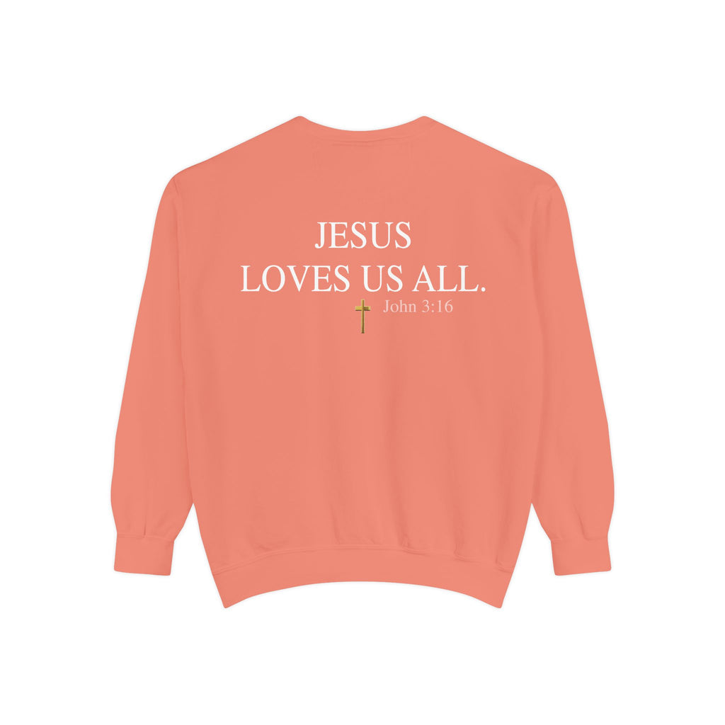 Jesus Loves Us All Sweatshirt – John 3:16 (White Logo)