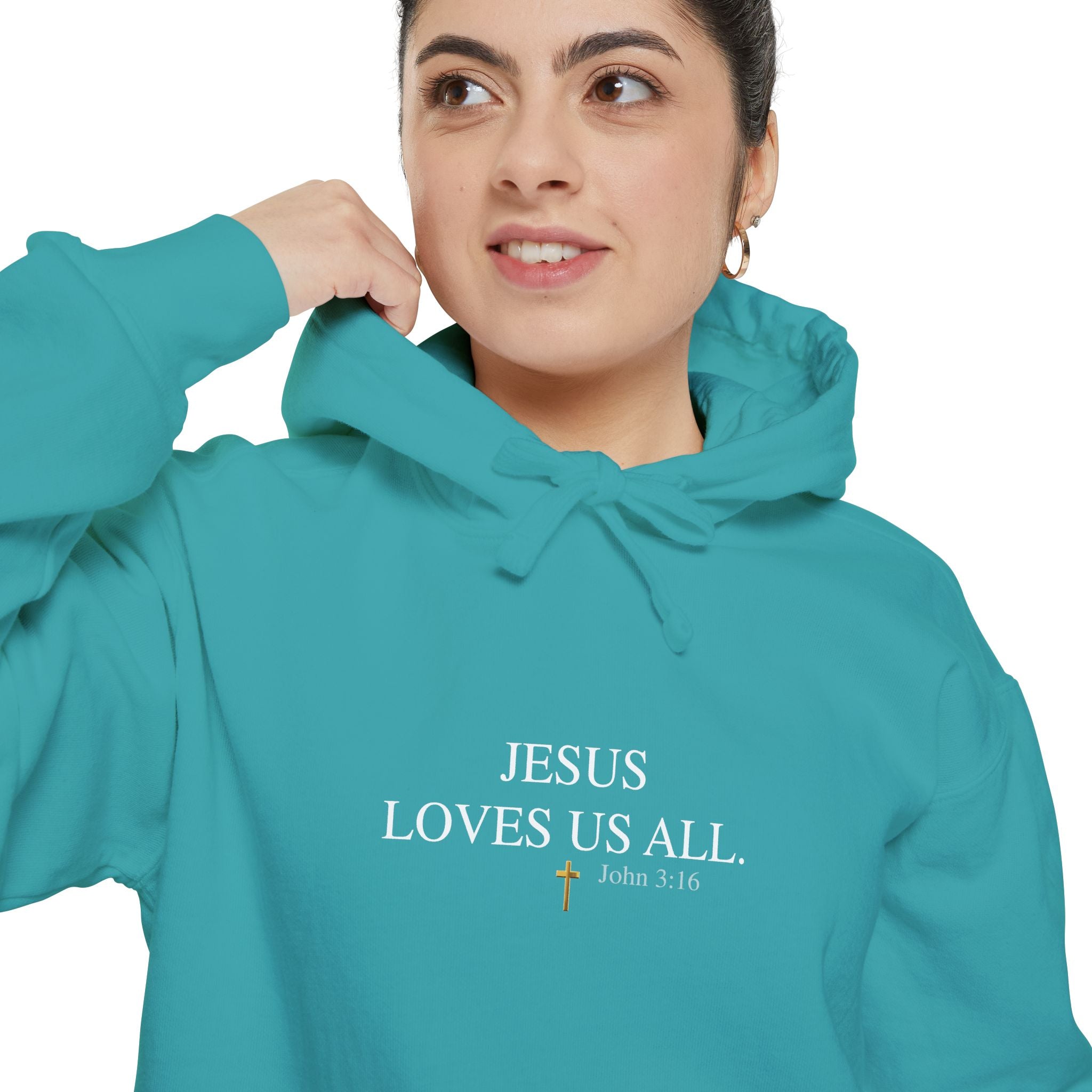 Jesus Loves Us All Hoodie - John 3:16 (White Logo)