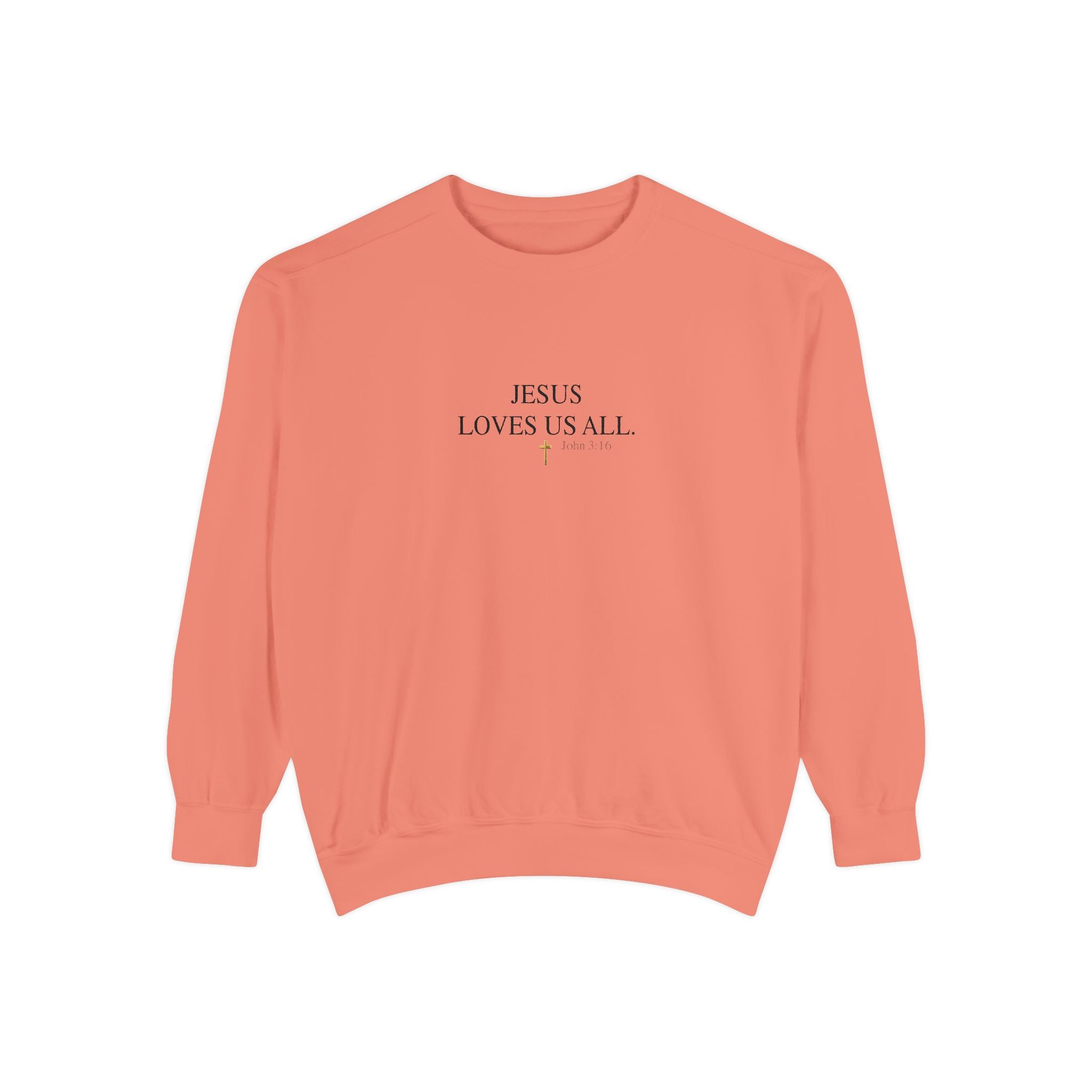 Jesus Loves Us All Sweatshirt — John 3:16 (Black Logo)