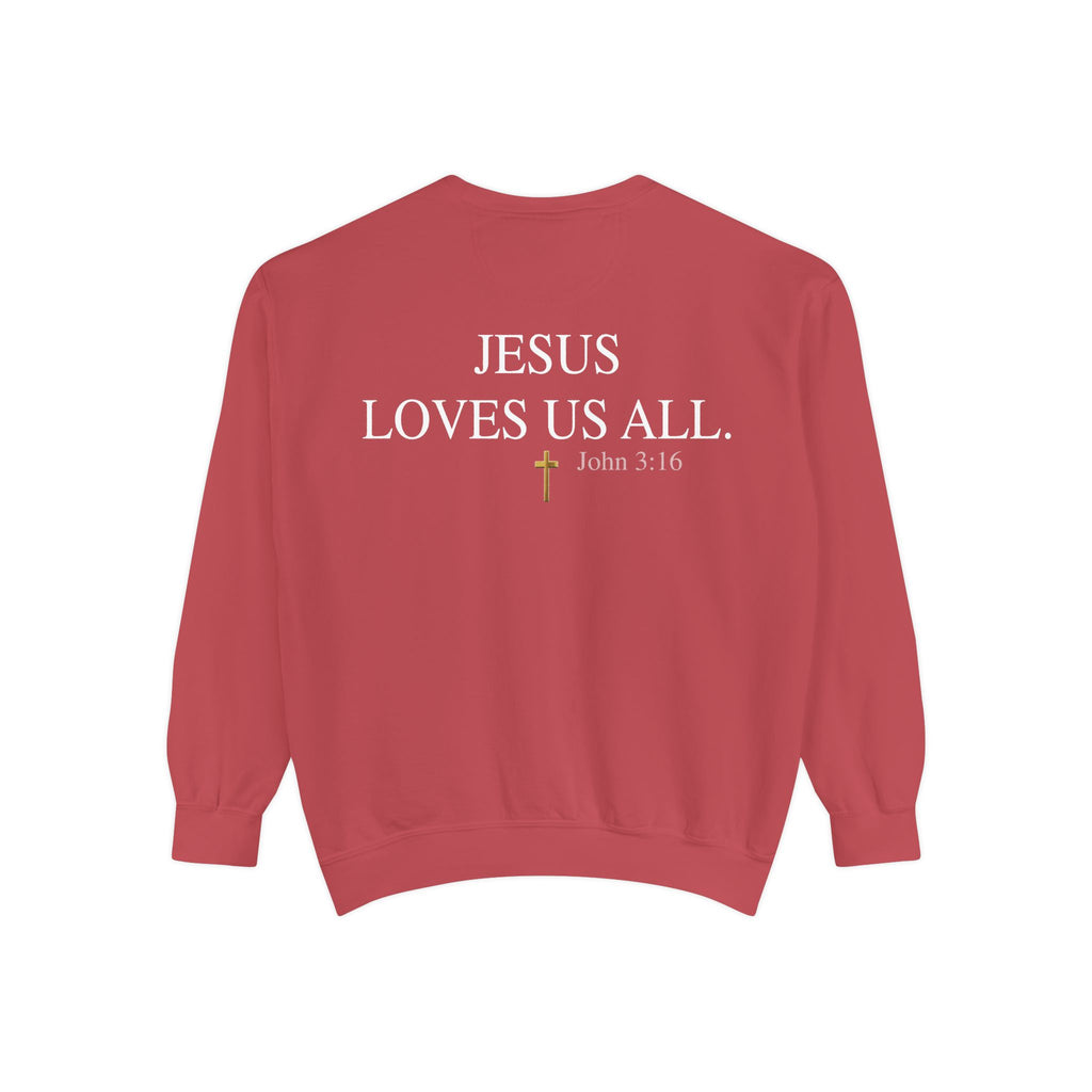 Jesus Loves Us All Sweatshirt – John 3:16 (White Logo)