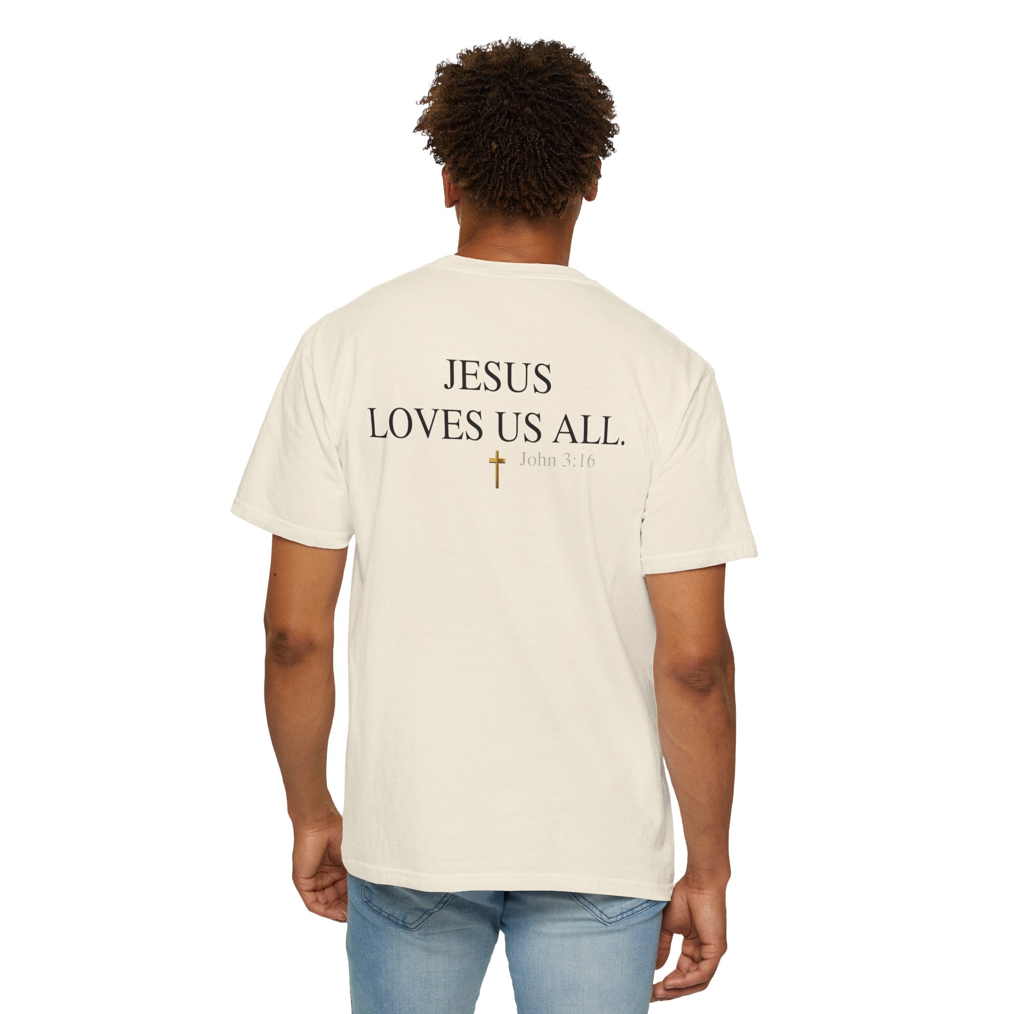 Jesus Loves Us All T-Shirt — John 3:16  (Black Logo)