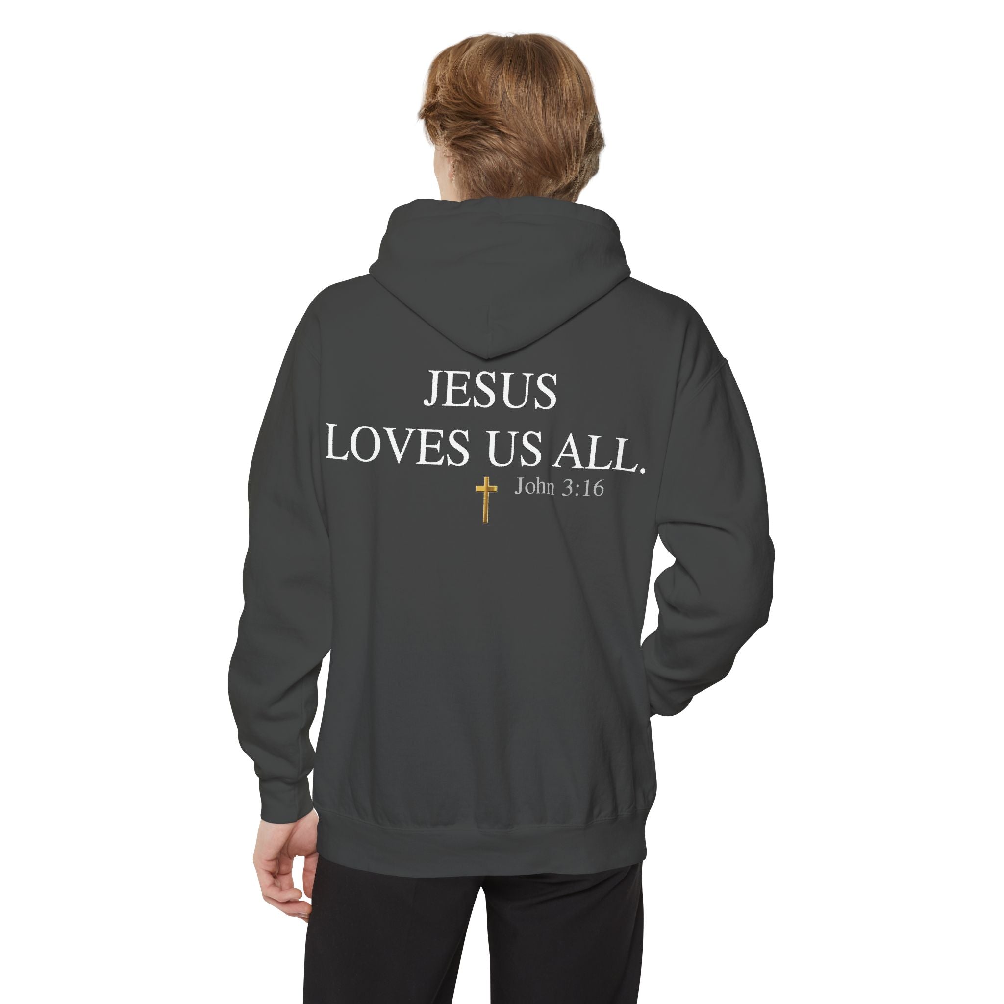 Jesus Loves Us All Hoodie - John 3:16 (White Logo)