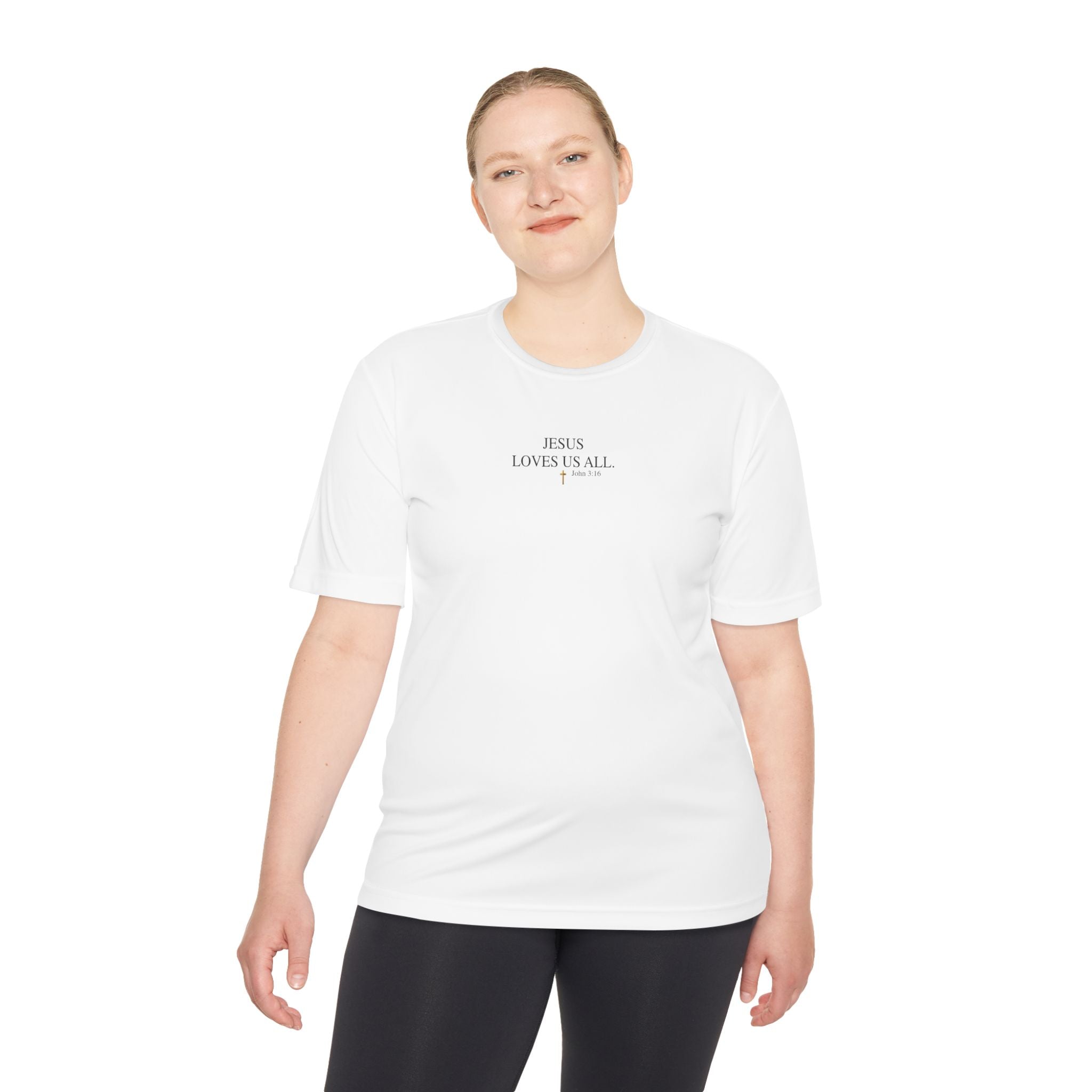Jesus Loves Us All. — John 3:16 — Unisex Athletic Warm-Up Shirt (Black Logo)
