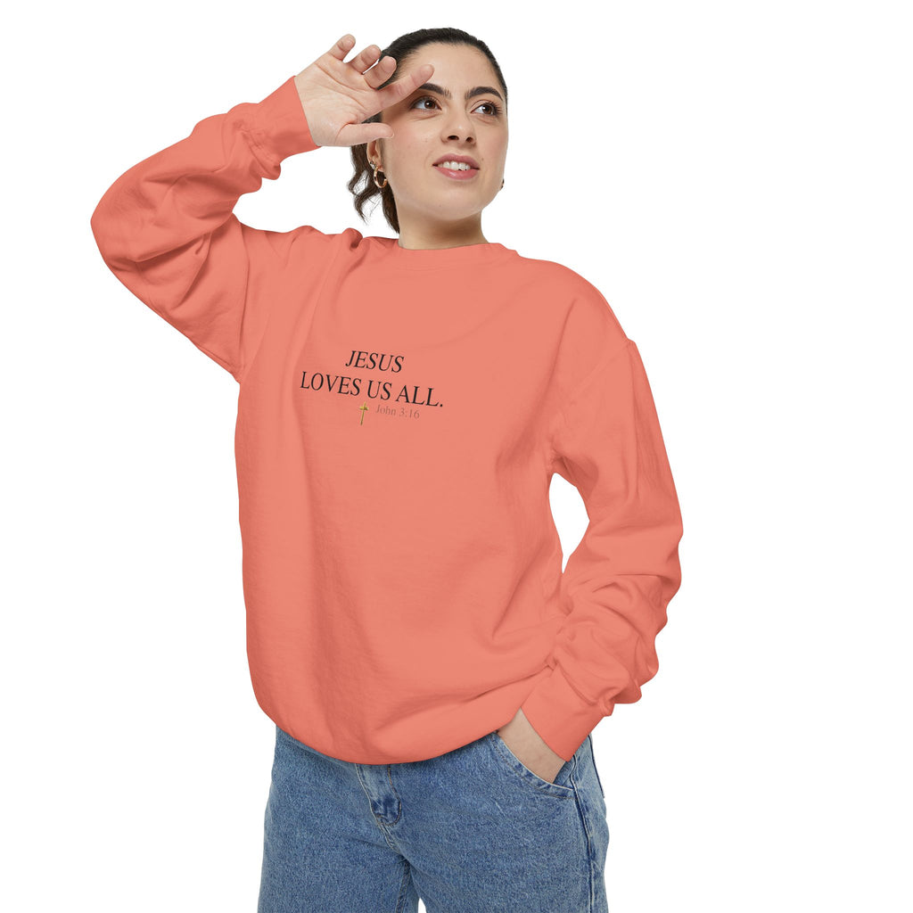 Jesus Loves Us All Sweatshirt — John 3:16 (Black Logo)