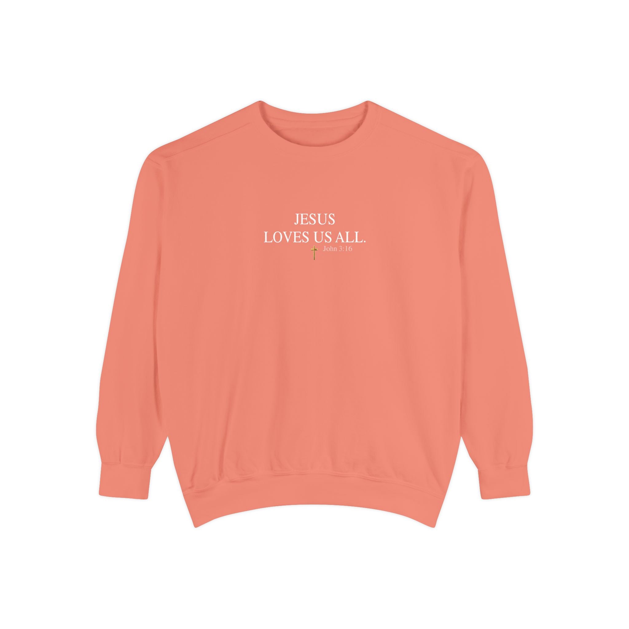Jesus Loves Us All Sweatshirt – John 3:16 (White Logo)