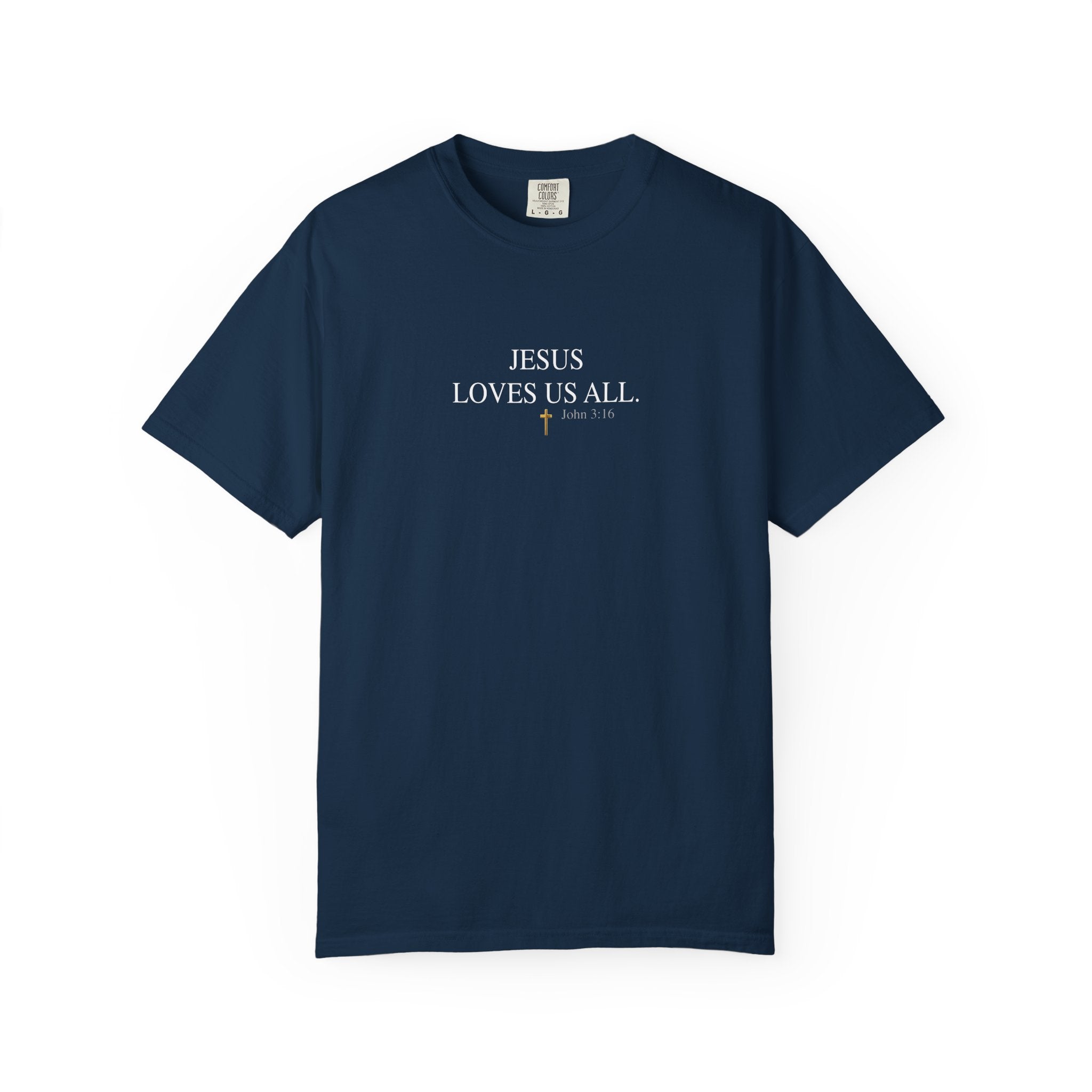 Jesus Loves Us All T-Shirt — John 3:16  (White Logo)