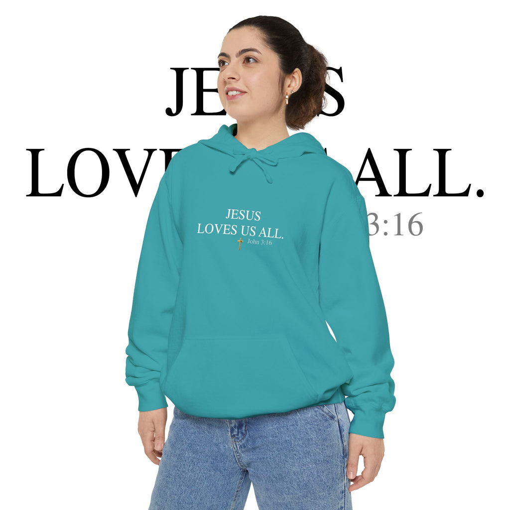 Jesus Loves Us All Hoodie - John 3:16 (White Logo)