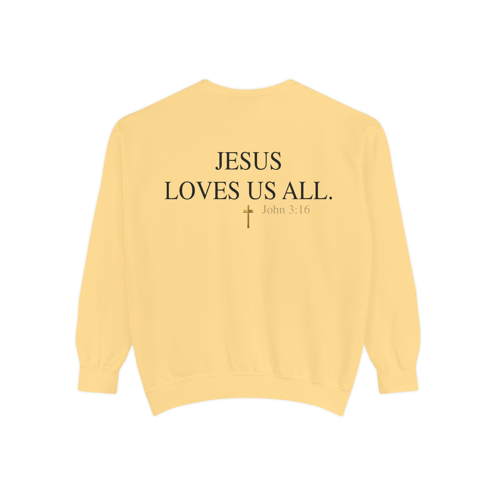 Jesus Loves Us All Sweatshirt — John 3:16 (Black Logo)