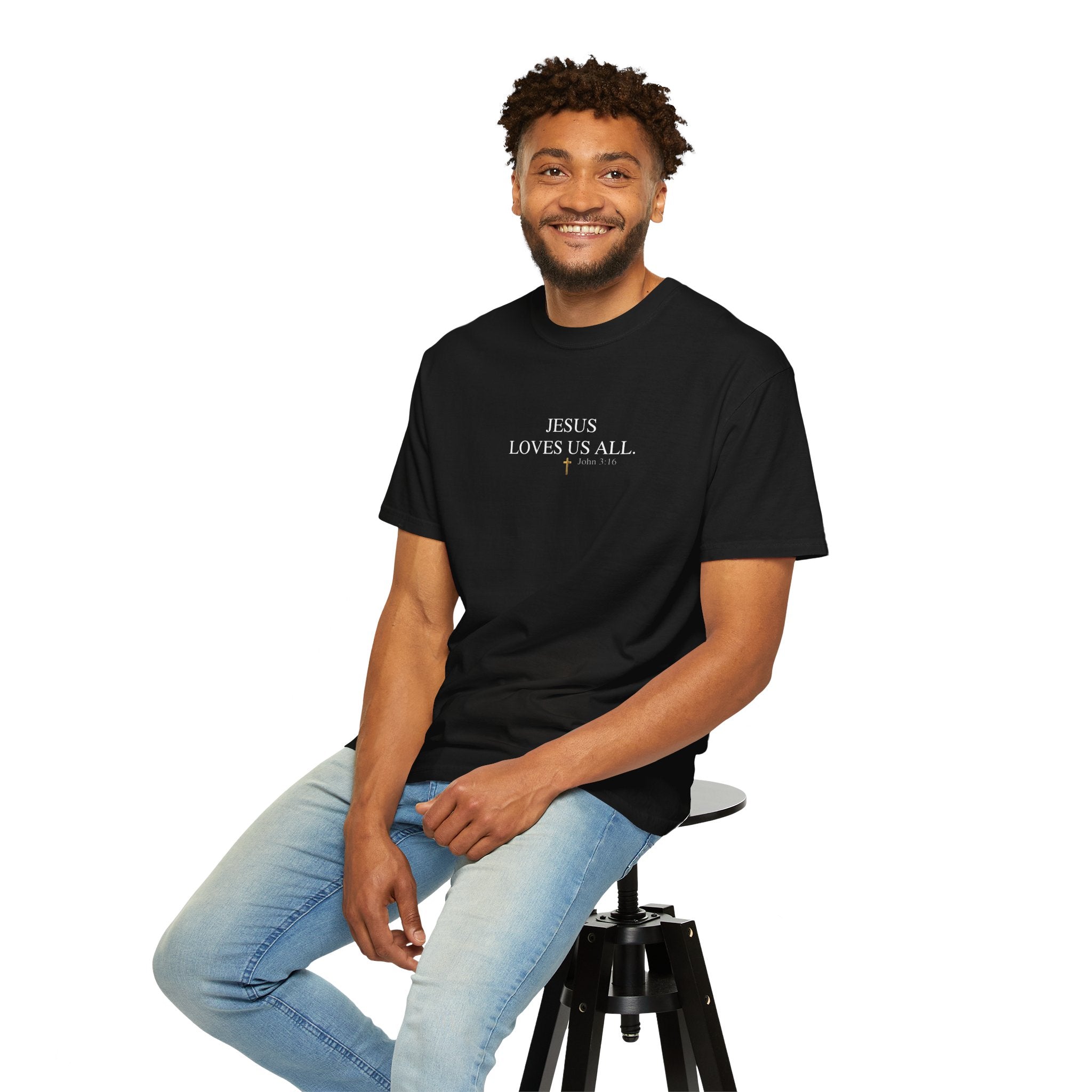 Jesus Loves Us All T-Shirt — John 3:16  (White Logo)
