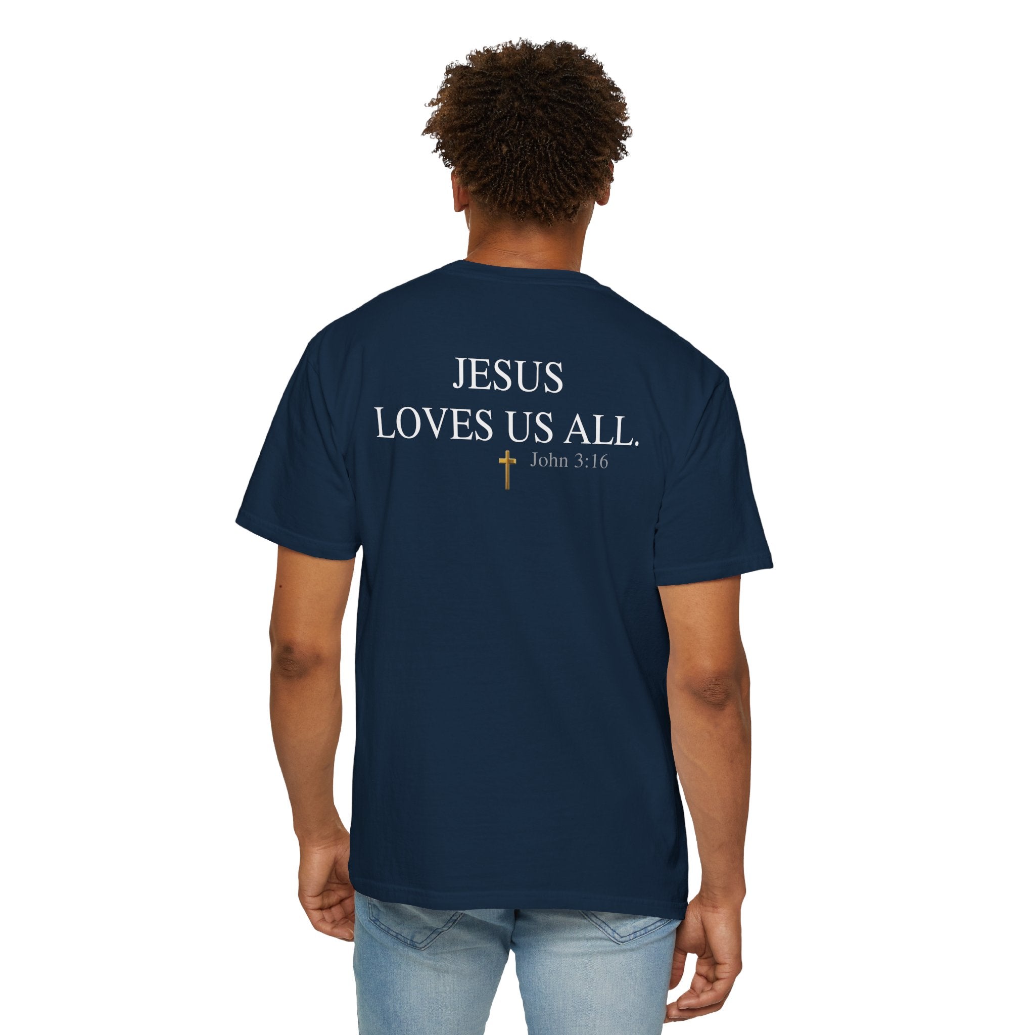 Jesus Loves Us All T-Shirt — John 3:16  (White Logo)