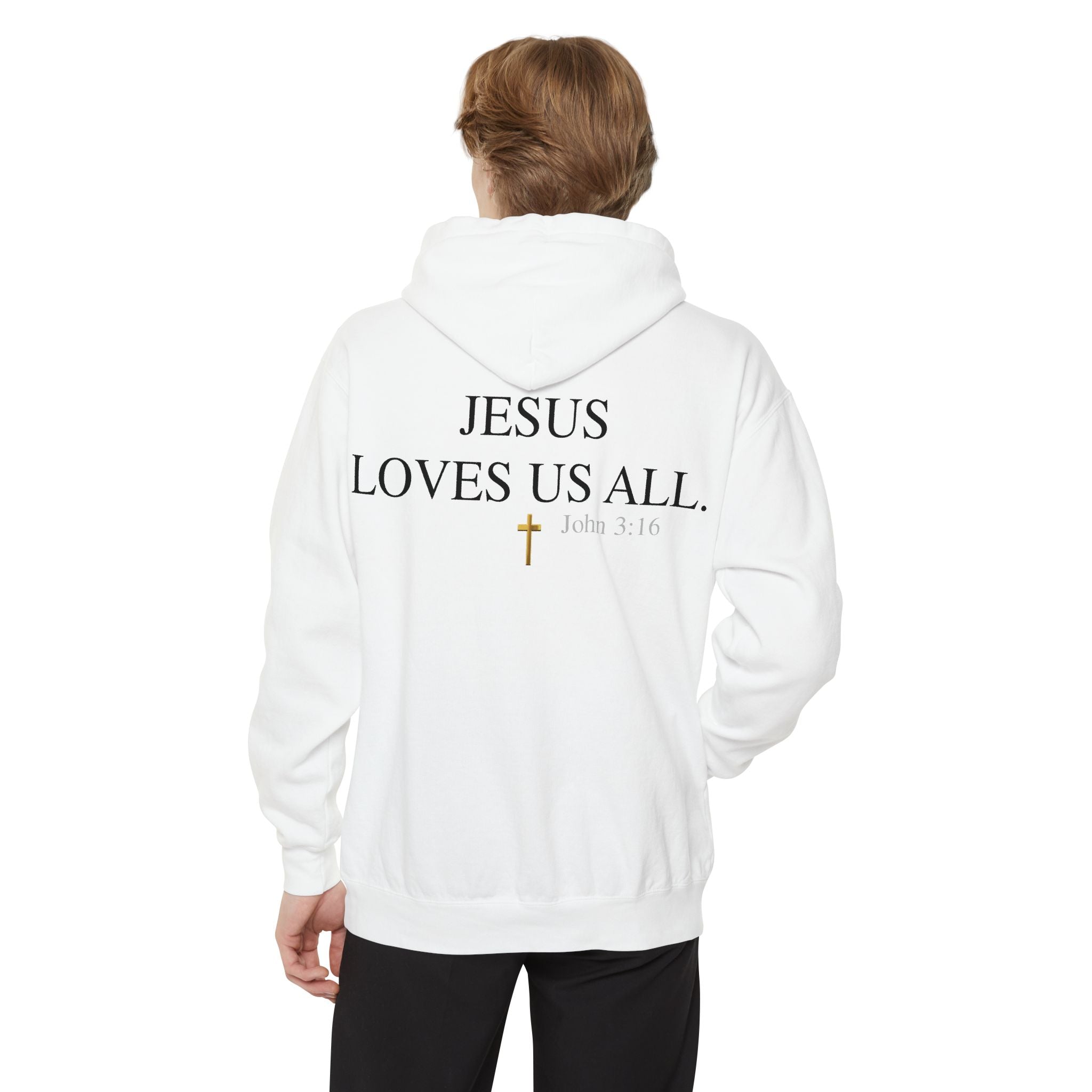 Jesus Loves Us All Hoodie - John 3:16 (Black Logo)