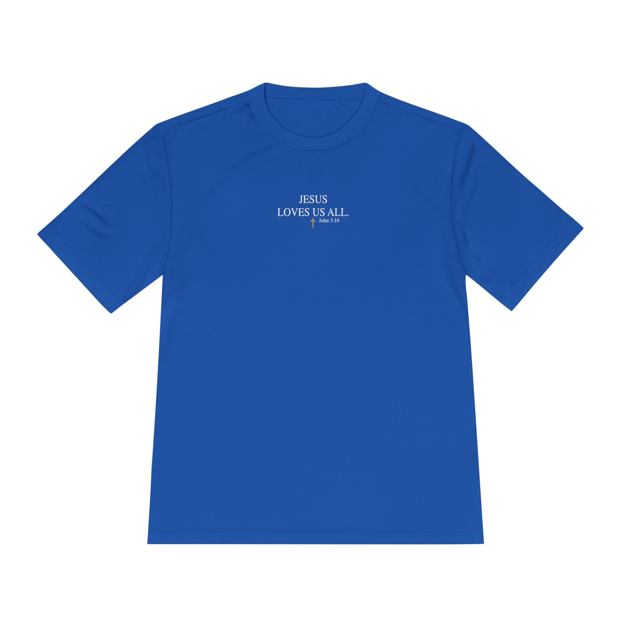 Jesus Loves Us All. — John 3:16 — Unisex Athletic Warm-Up Shirt (White Logo)