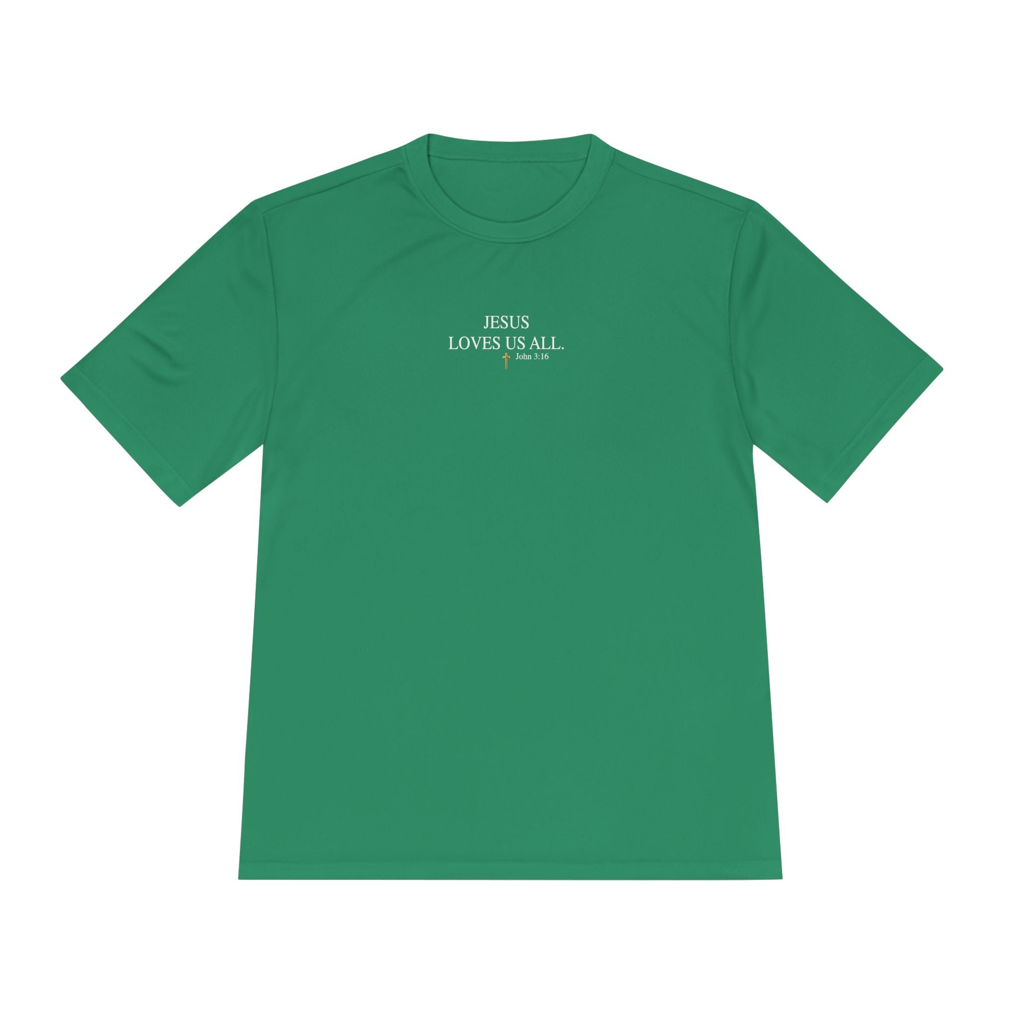 Jesus Loves Us All. — John 3:16 — Unisex Athletic Warm-Up Shirt (White Logo)
