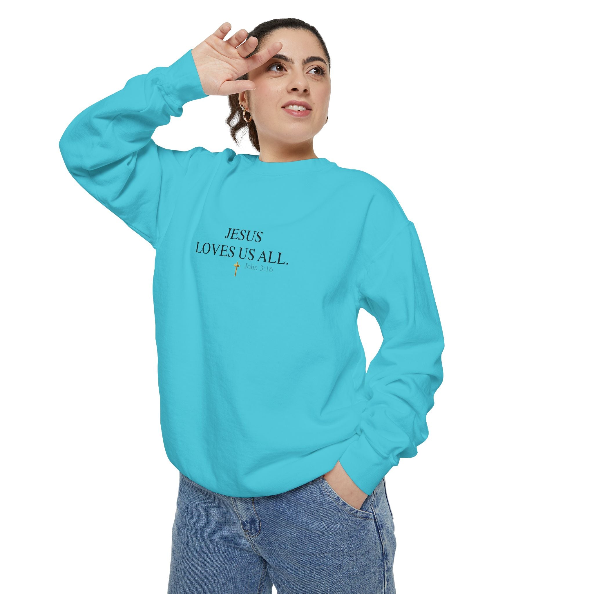 Jesus Loves Us All Sweatshirt — John 3:16 (Black Logo)