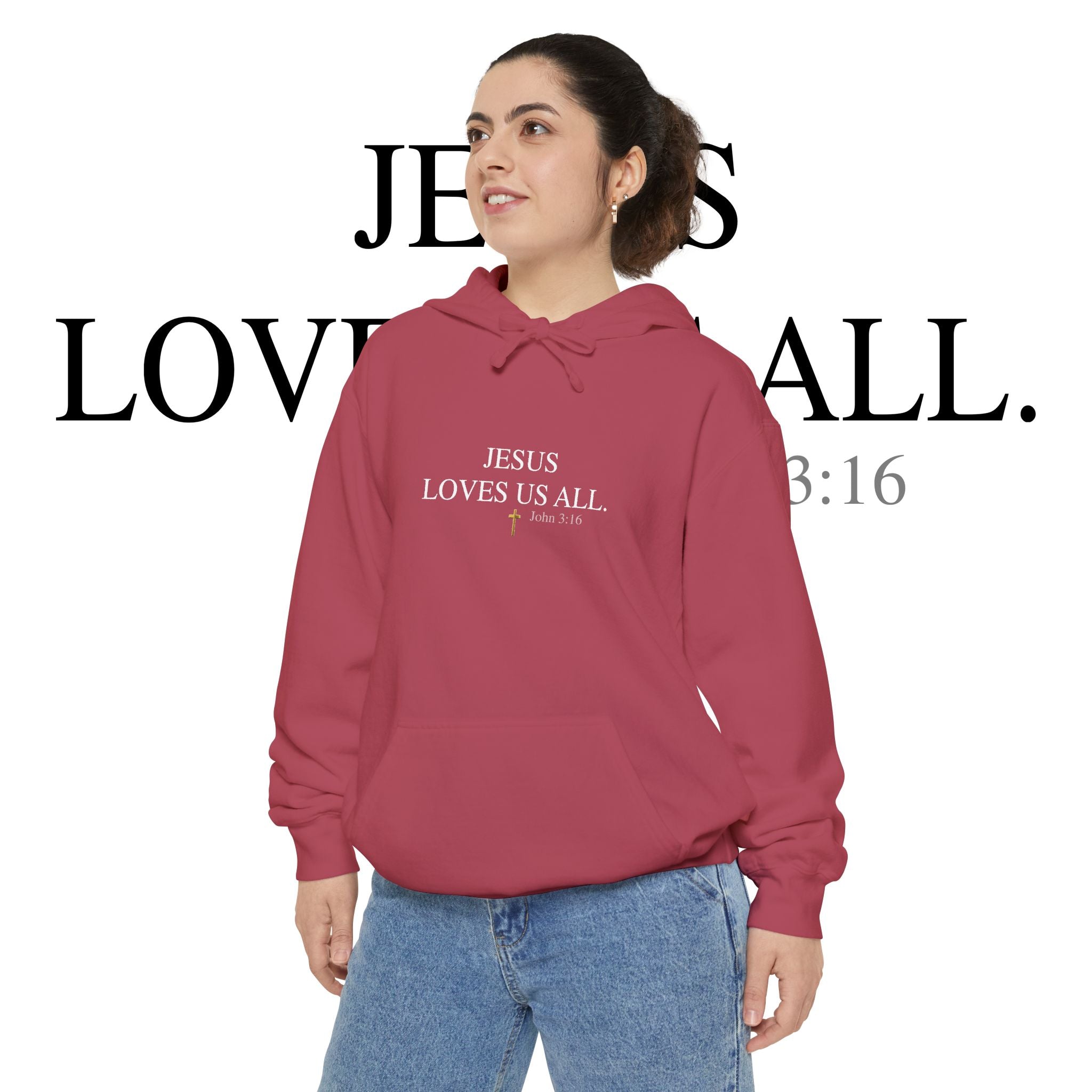 Jesus Loves Us All Hoodie - John 3:16 (White Logo)