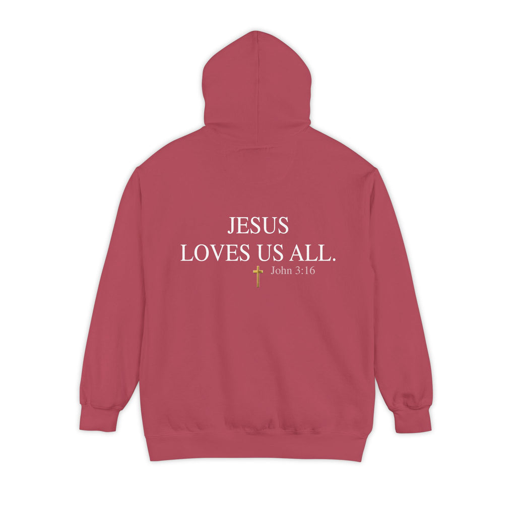 Jesus Loves Us All Hoodie - John 3:16 (White Logo)