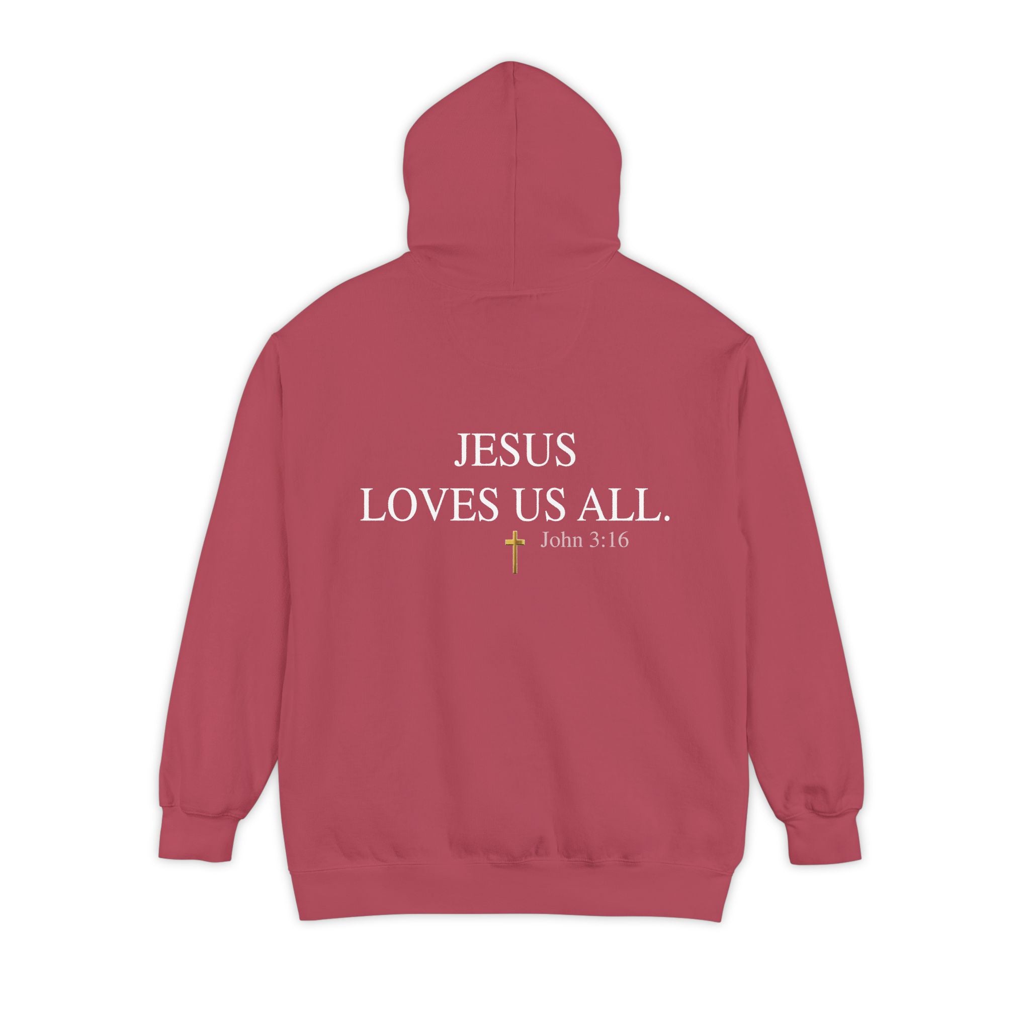 Jesus Loves Us All Hoodie - John 3:16 (White Logo)