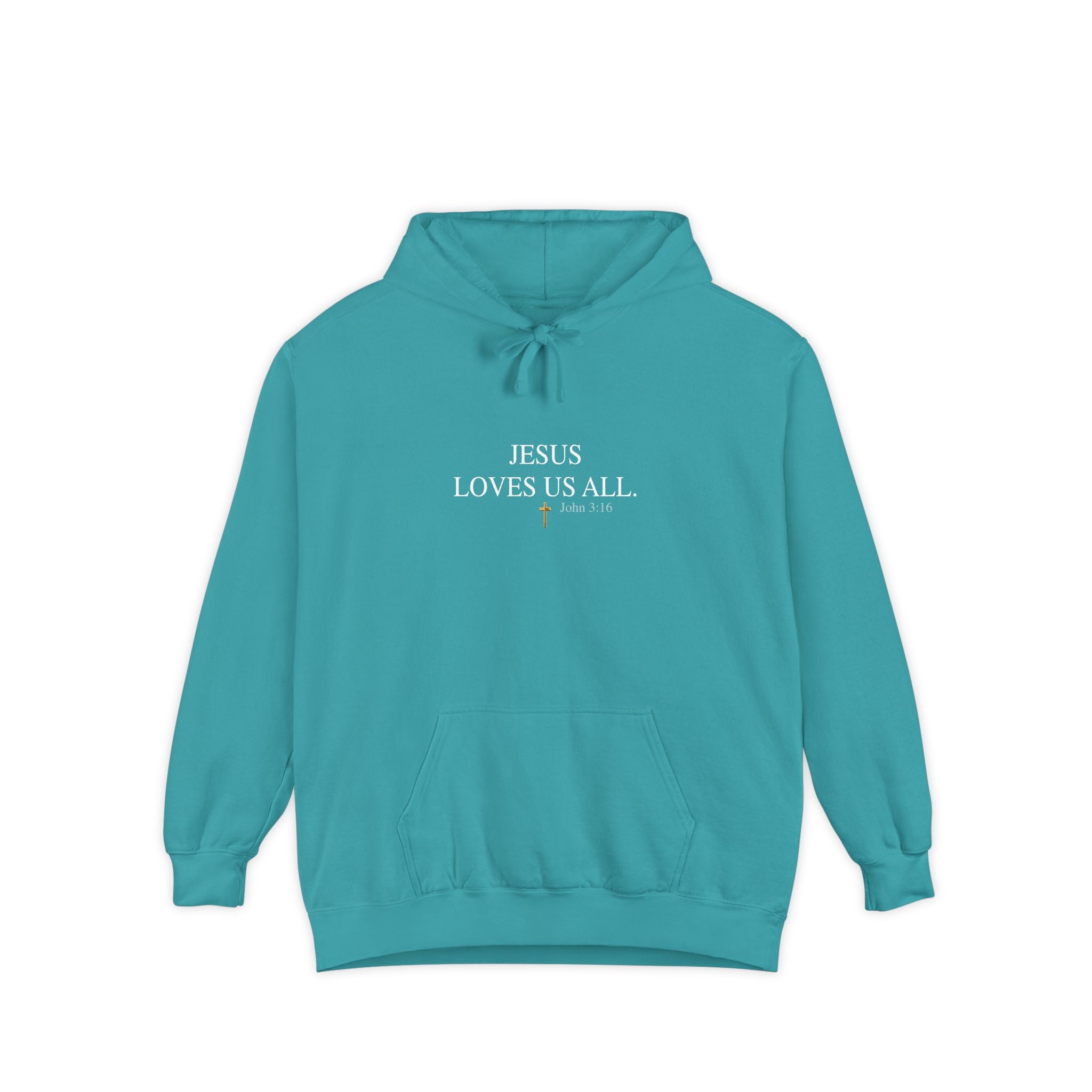 Jesus Loves Us All Hoodie - John 3:16 (White Logo)