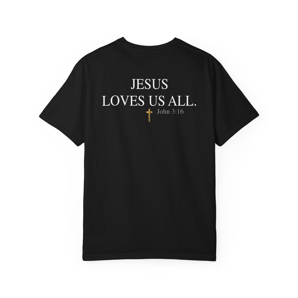 Jesus Loves Us All T-Shirt — John 3:16  (White Logo)