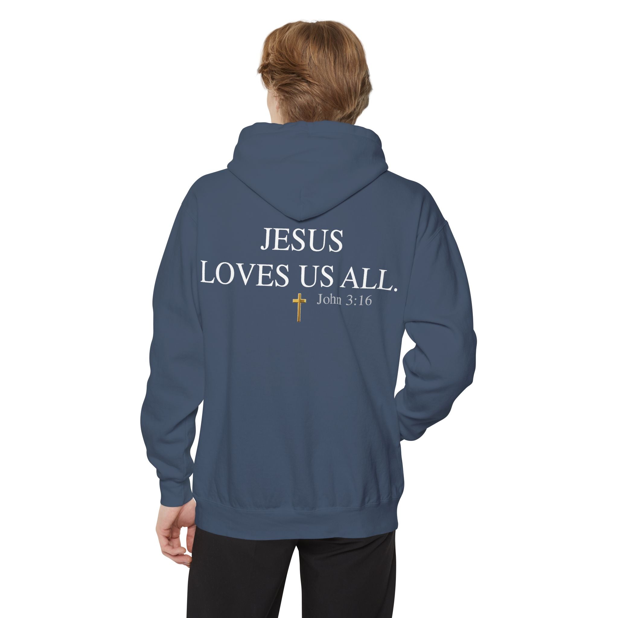 Jesus Loves Us All Hoodie - John 3:16 (White Logo)
