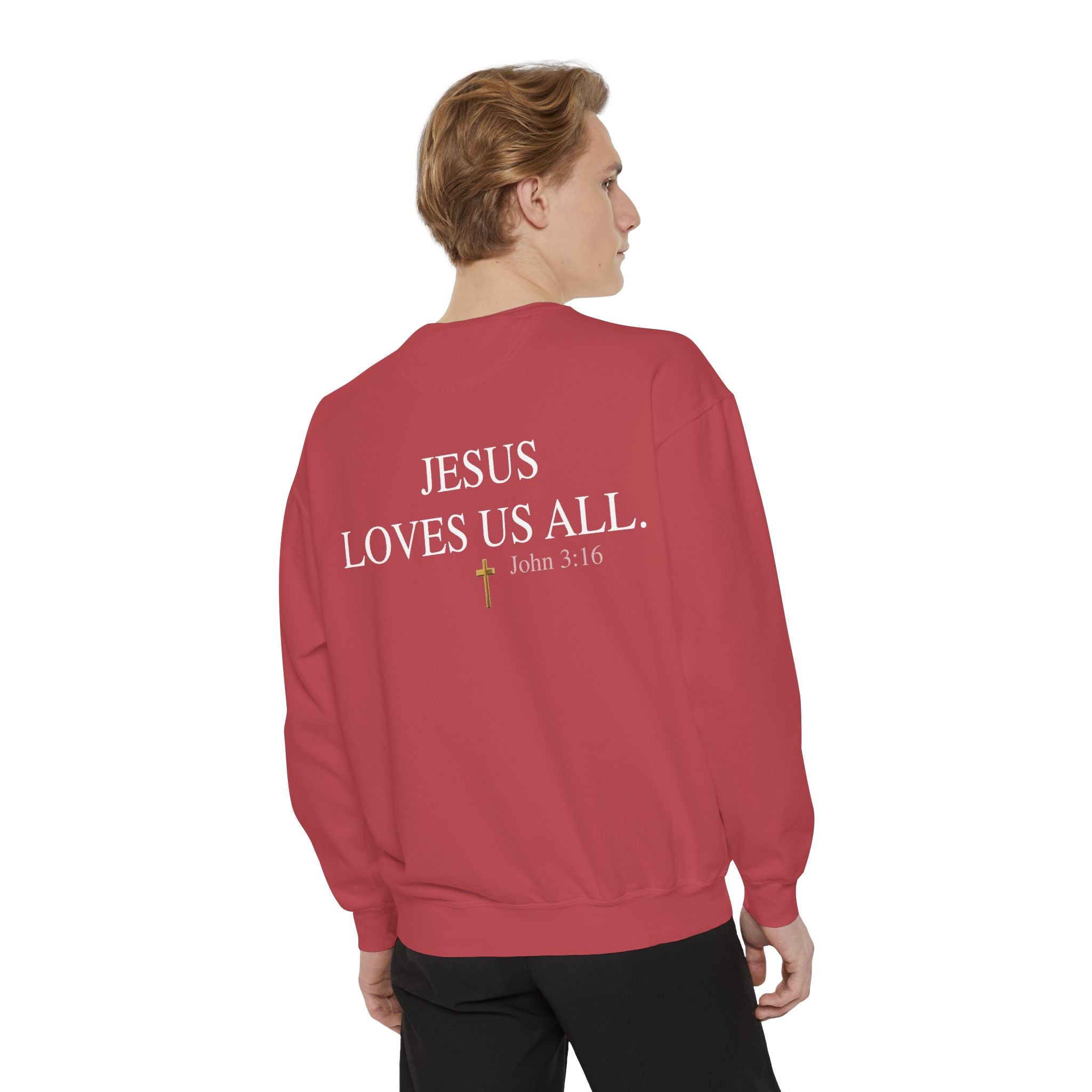 Jesus Loves Us All Sweatshirt – John 3:16 (White Logo)