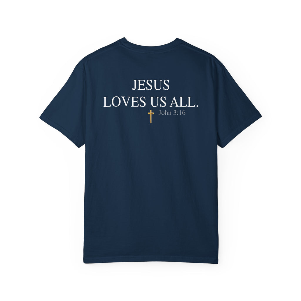 Jesus Loves Us All T-Shirt — John 3:16  (White Logo)