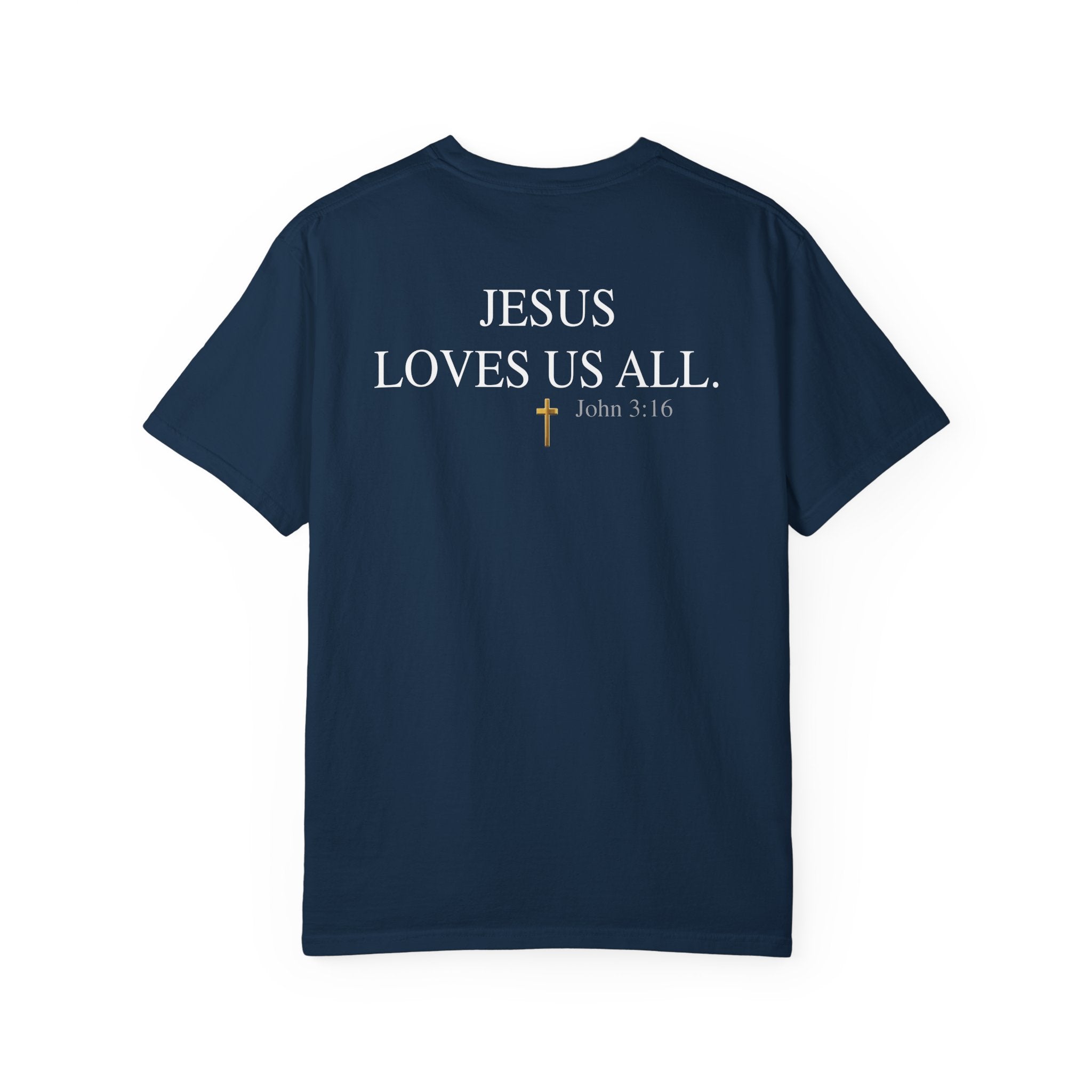 Jesus Loves Us All T-Shirt — John 3:16  (White Logo)