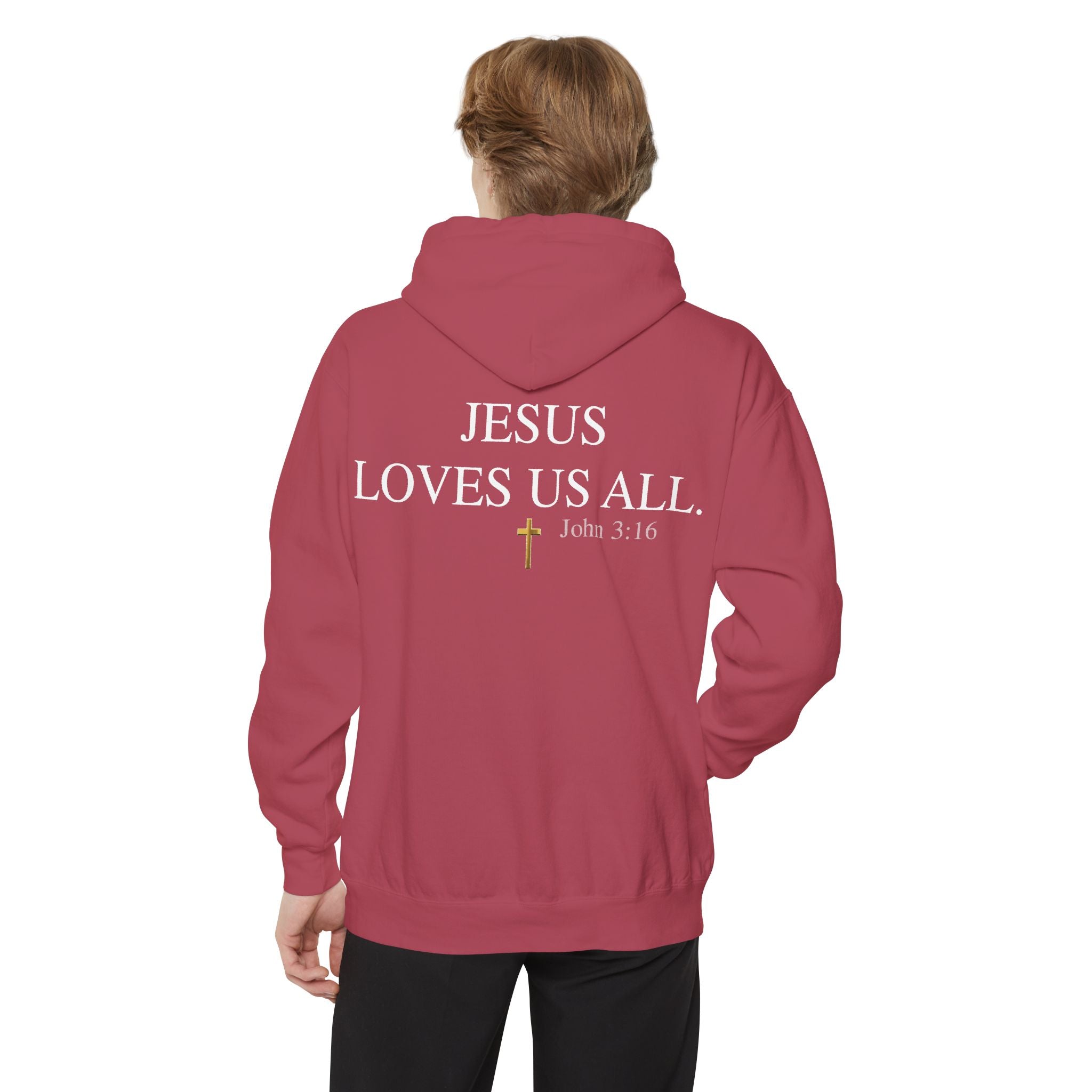 Jesus Loves Us All Hoodie - John 3:16 (White Logo)