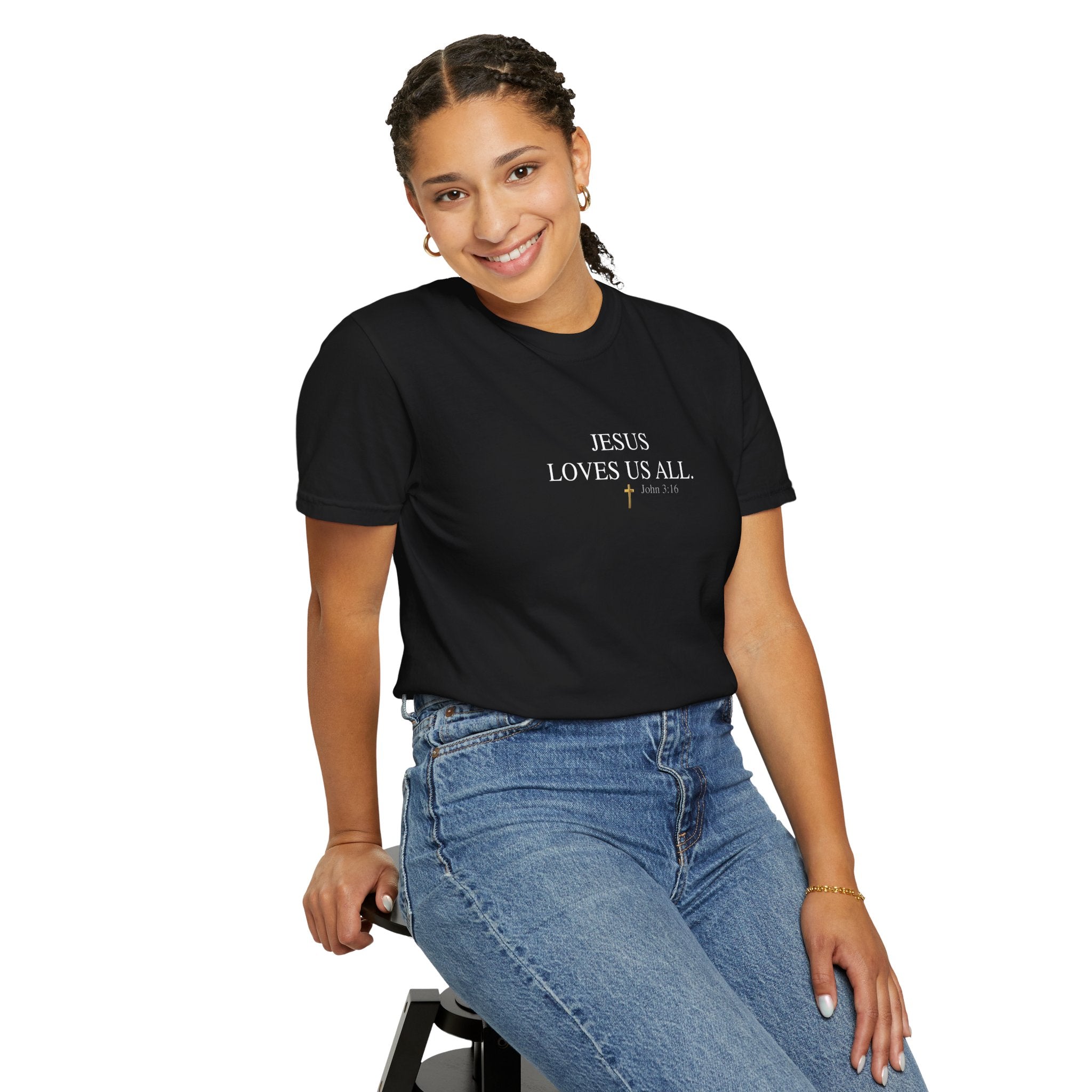Jesus Loves Us All T-Shirt — John 3:16  (White Logo)