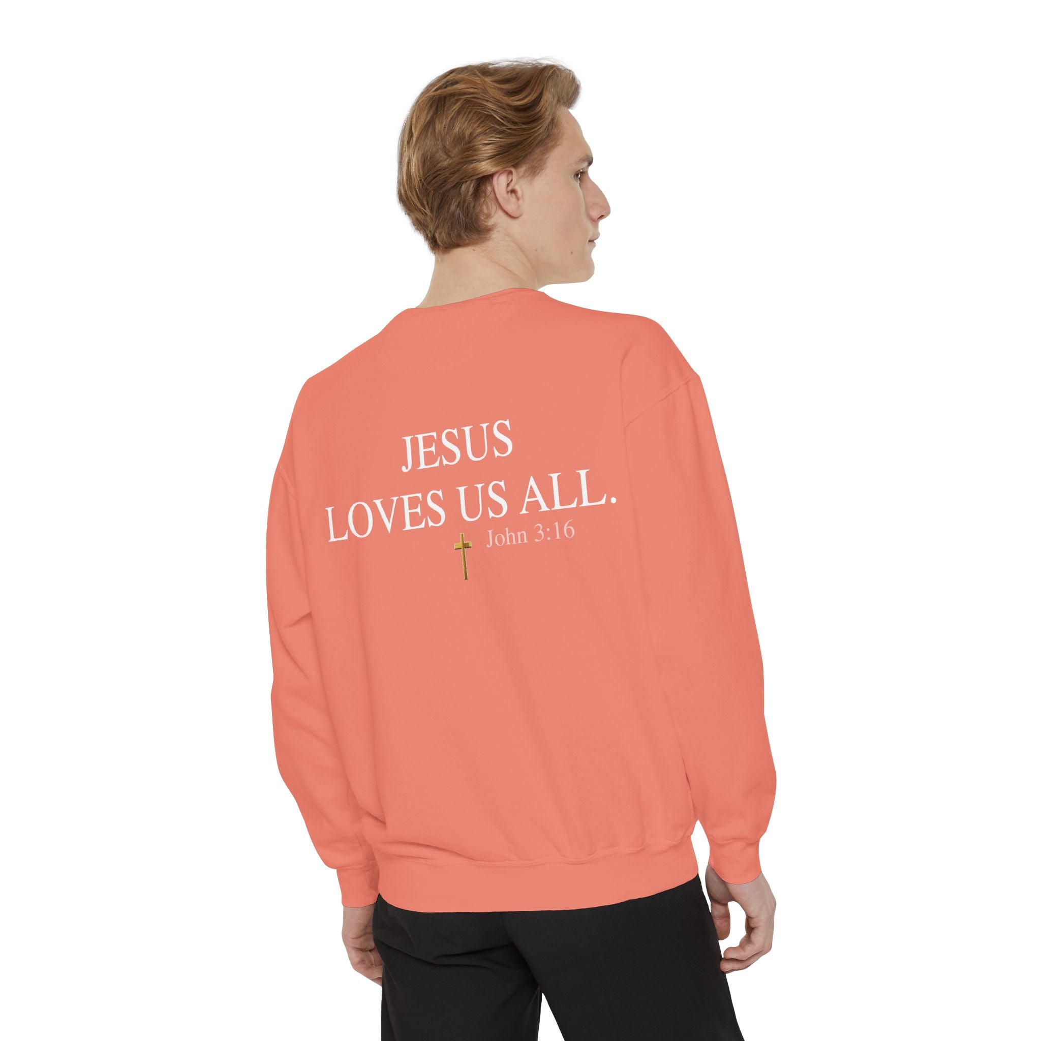 Jesus Loves Us All Sweatshirt – John 3:16 (White Logo)