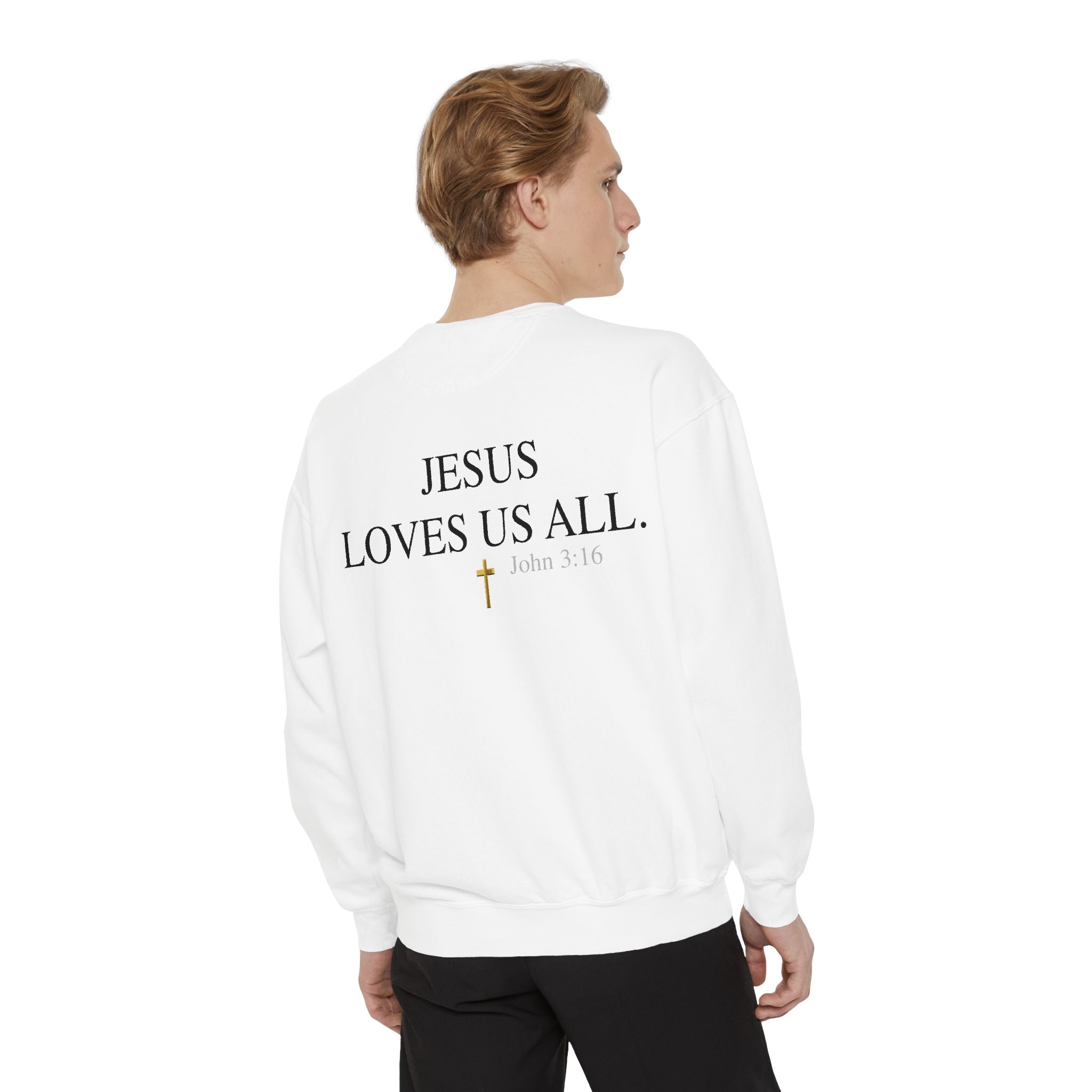 Jesus Loves Us All Sweatshirt — John 3:16 (Black Logo)