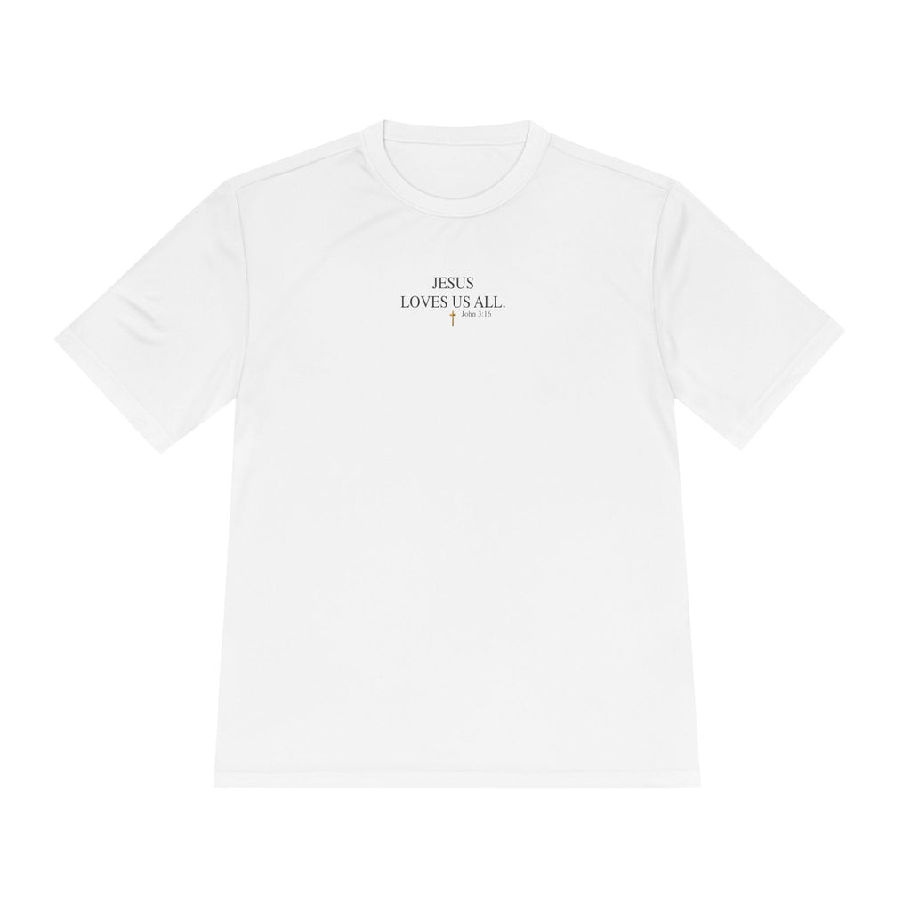Jesus Loves Us All. — John 3:16 — Unisex Athletic Warm-Up Shirt (Black Logo)