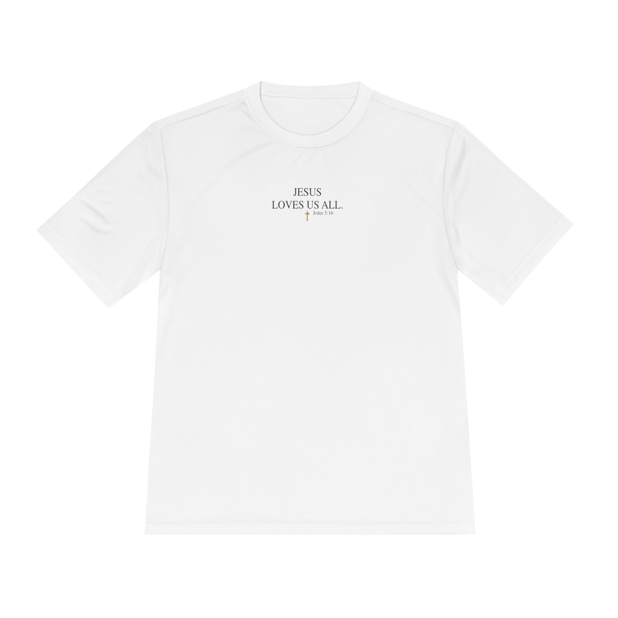Jesus Loves Us All. — John 3:16 — Unisex Athletic Warm-Up Shirt (Black Logo)