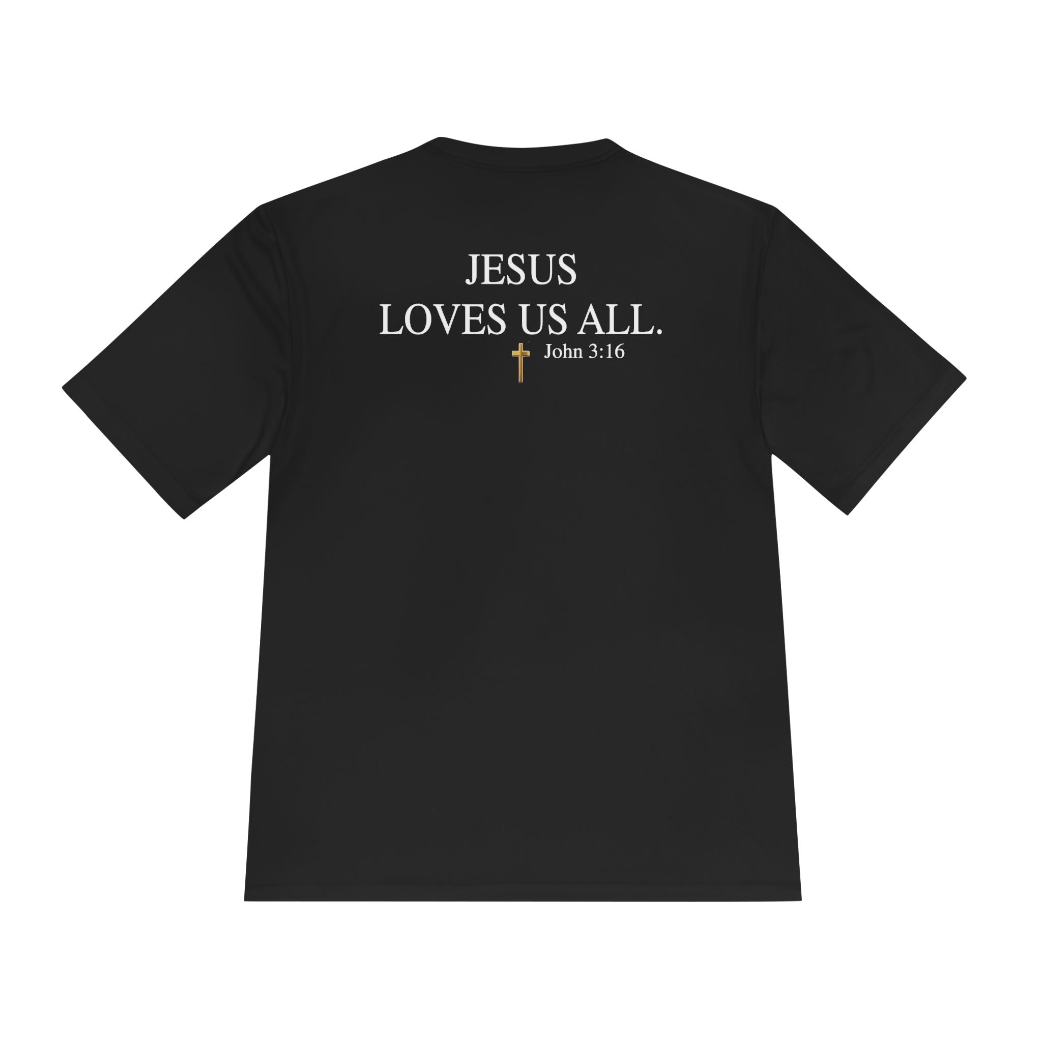 Jesus Loves Us All. — John 3:16 — Unisex Athletic Warm-Up Shirt (White Logo)