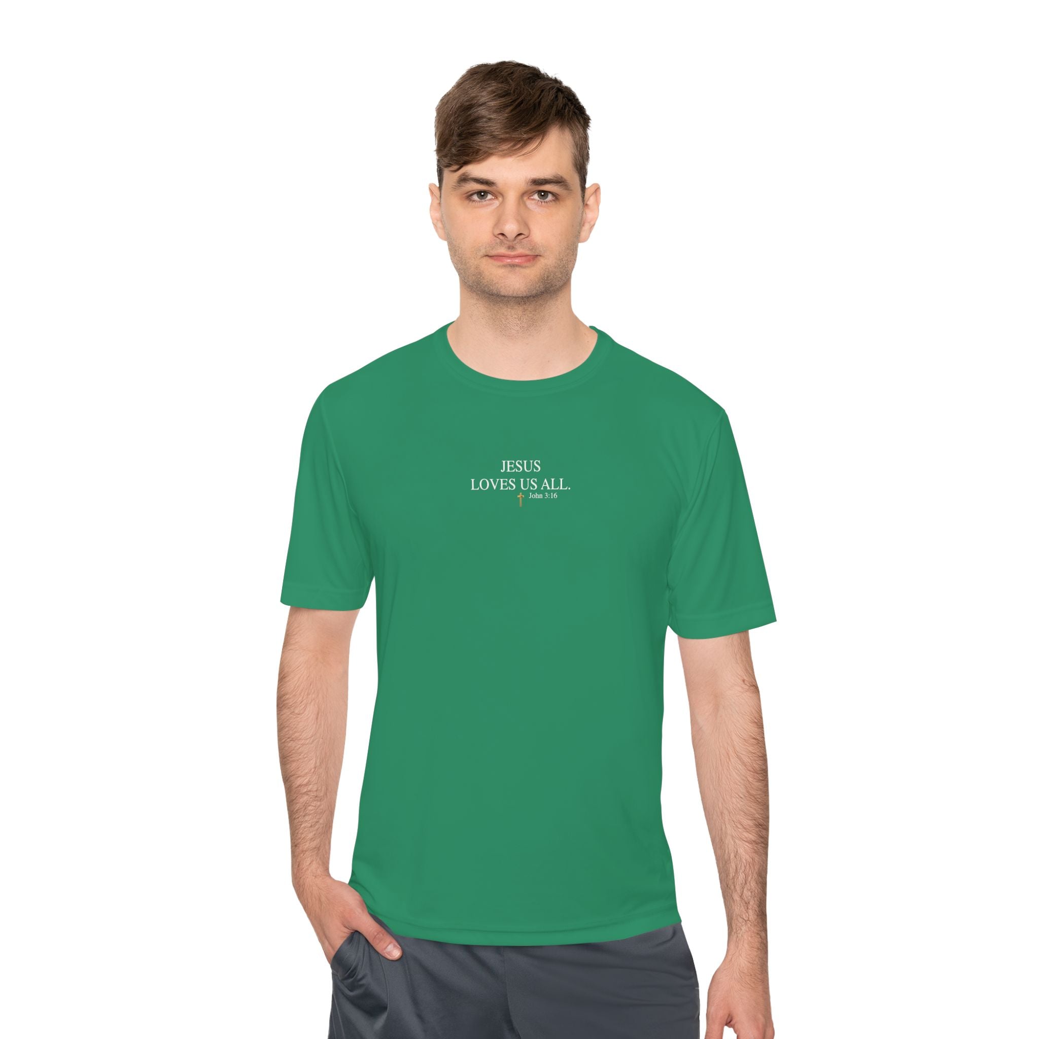 Jesus Loves Us All. — John 3:16 — Unisex Athletic Warm-Up Shirt (White Logo)
